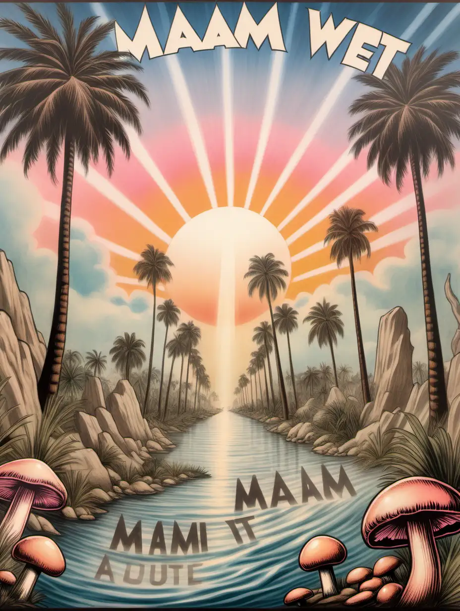 prehistoric hand painted protest poster, 1860 look, flooded sunset boulevard with palm trees vignette, the transparent text reads "MIAMI WET DREAM", watery, lens flare, floating nude protesters ,very soft transpaent muted pastel colors, soft atomic mushroom clouds in the distance.