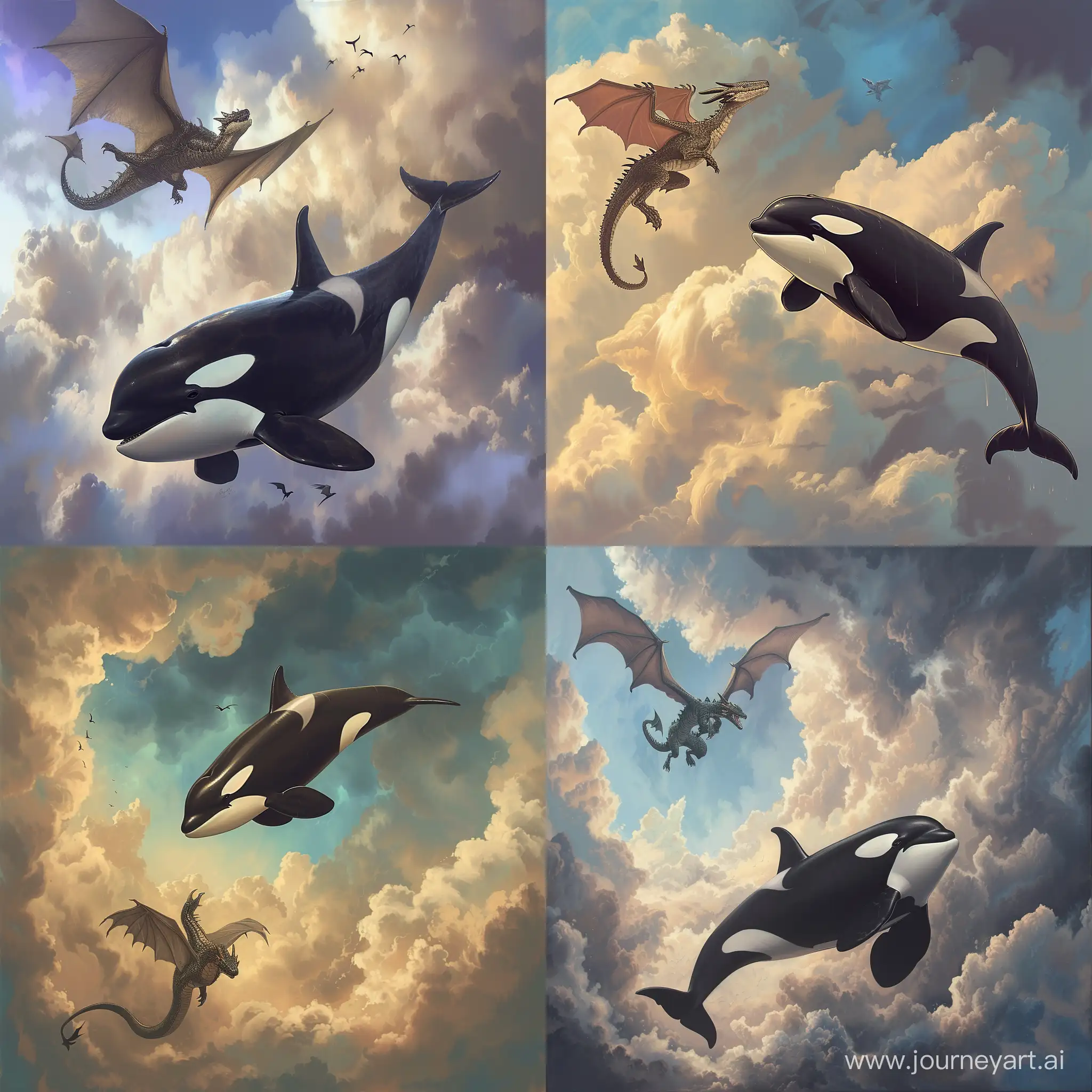 an orca whale, flying high in the clouds and being followed closely by a dragon