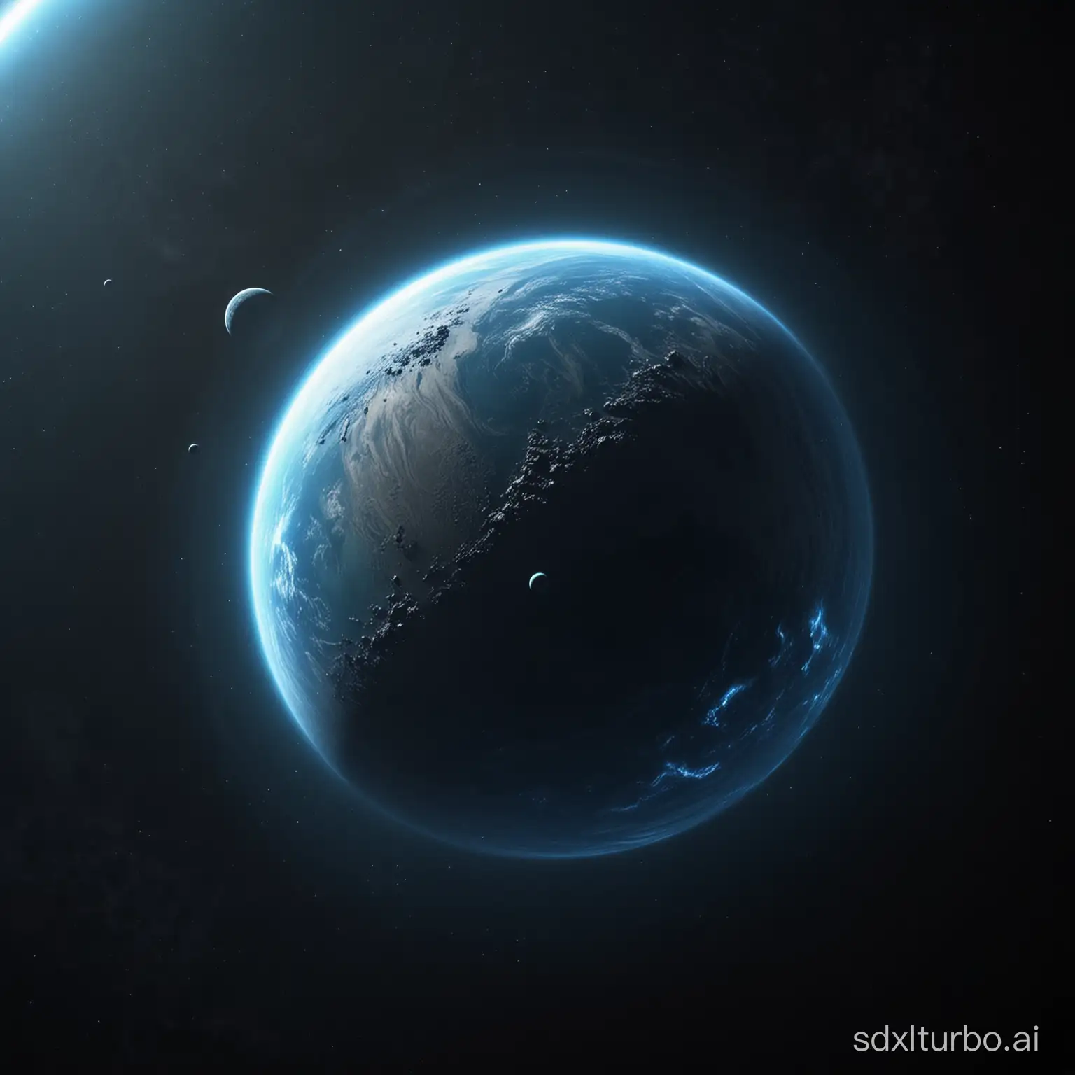 a blue gas planet, view from orbit, dark atmosphere, planet takes up half of the image, background for a game
