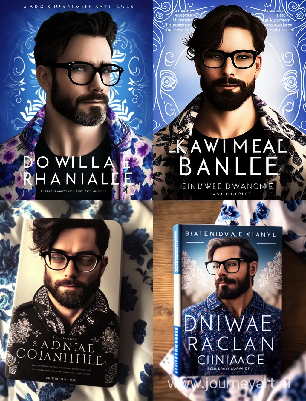A romance novel book cover 
Male description: Wears glasses, has some beard, blue hoodie
Female description: Wearing Black and white patterned top with a round neckline
