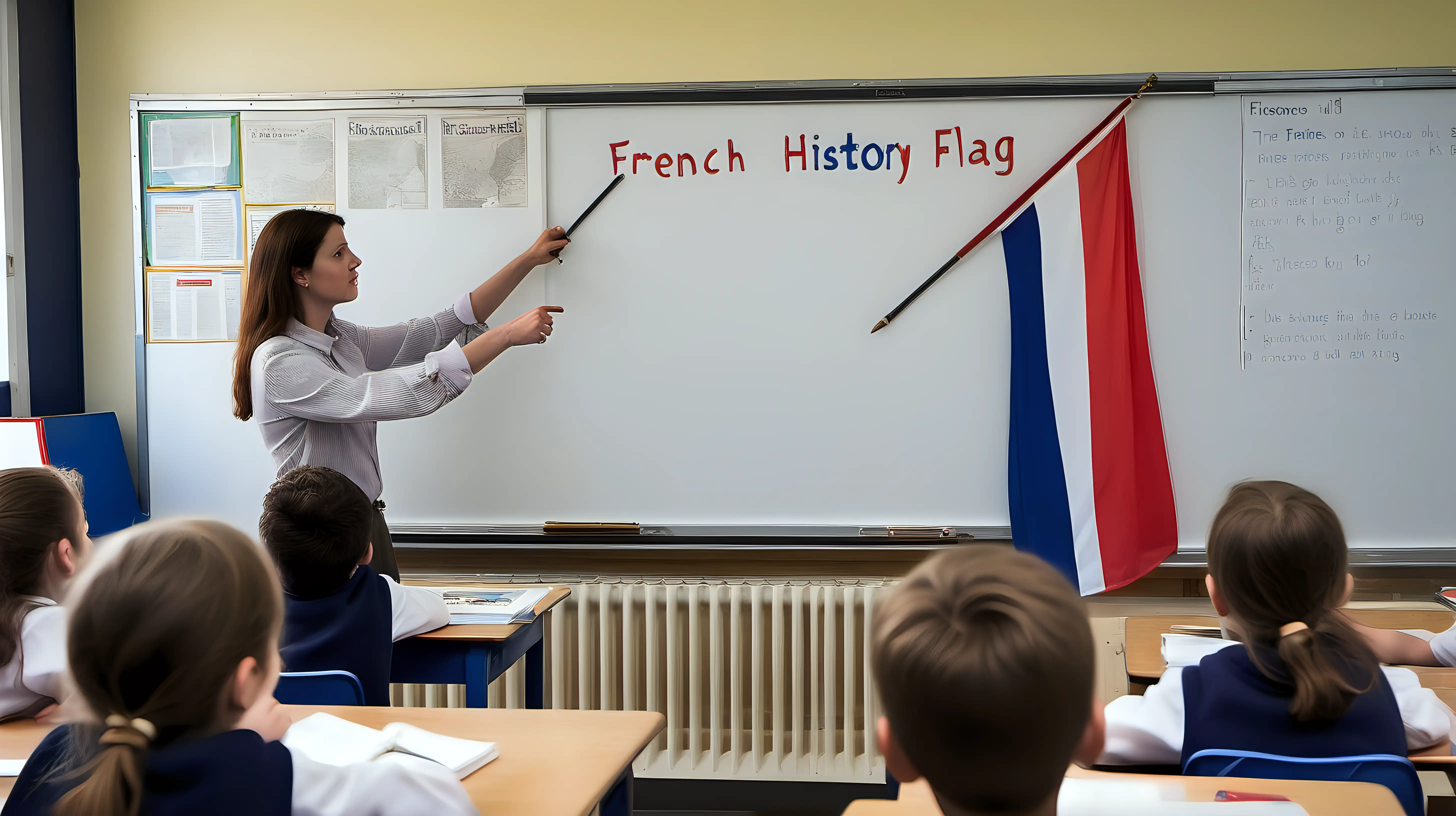 A teacher leading a lesson on French history, the tricolor flag prominently displayed in the classroom, fostering a sense of identity and belonging among students.