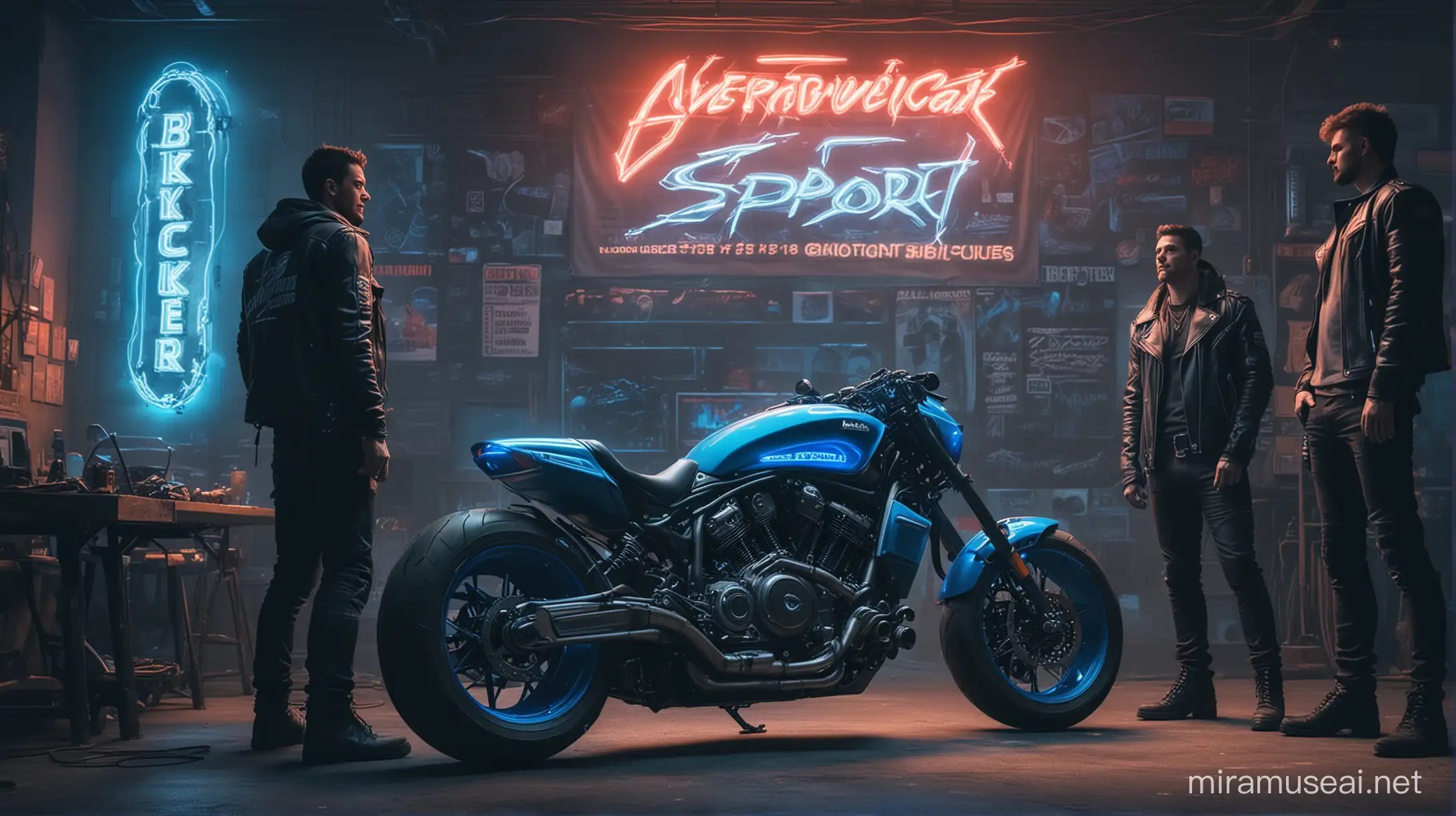 few guys checking out one super sport motorcycle , cyberpunk, neon blue, futuristic, smoky and blue lightning , with  "BIKER BOULEVARD" banner on the wall
