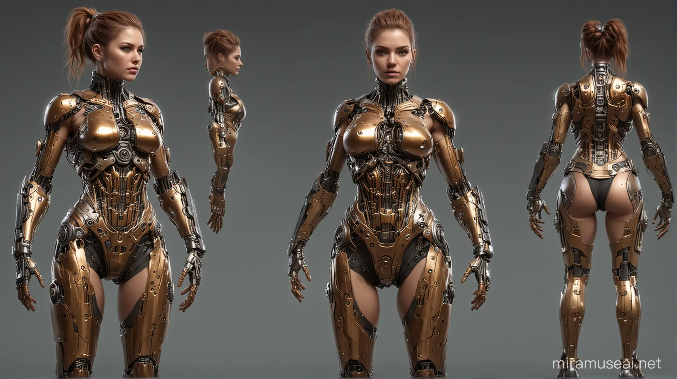 A character reference sheet, for a female cyborg cheerleader, with a body made of copper and gold, machine parts, wires intricate, full body, turn around, front view, side view, back view, head-to-toe, standing poses, body in frame, hard, delicate, brutal, tough, stiff, crude, octane render, highly detailed, volumetric, dramatic lighting, insanity detailed hands, biomechanical android, anatomy illustration, Science fiction background, flawless face, perfect face, highly detail face, flawless eyes, perfect eyes