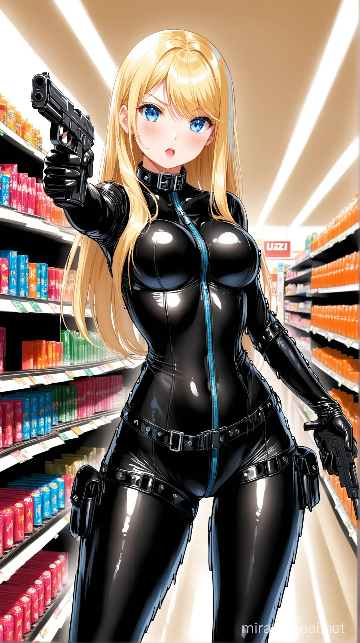  A pretty blond hair woman, shoulder length hair, blue eyes. holding uzi 9mm both hands, aiming., standing upright. action pose. wearing a glossy black catsuit. neck collar, fetish corset. long gloves, arm straps. many belts. thigh straps. heavy rubber outfit. fetish wear. solo.  inside a convenience store
