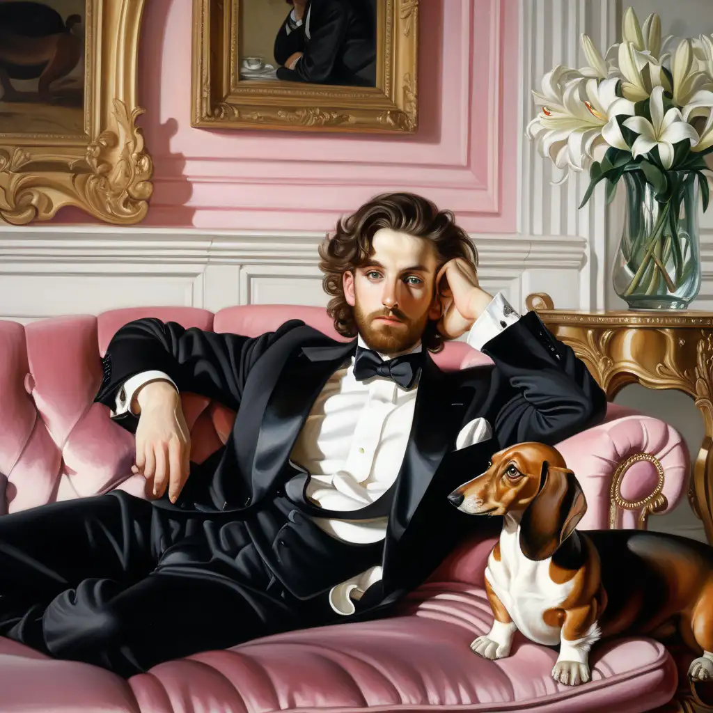 Intense Portrait of a 33YearOld Man in Black Satin Tuxedo on Pink Velvet Sofa