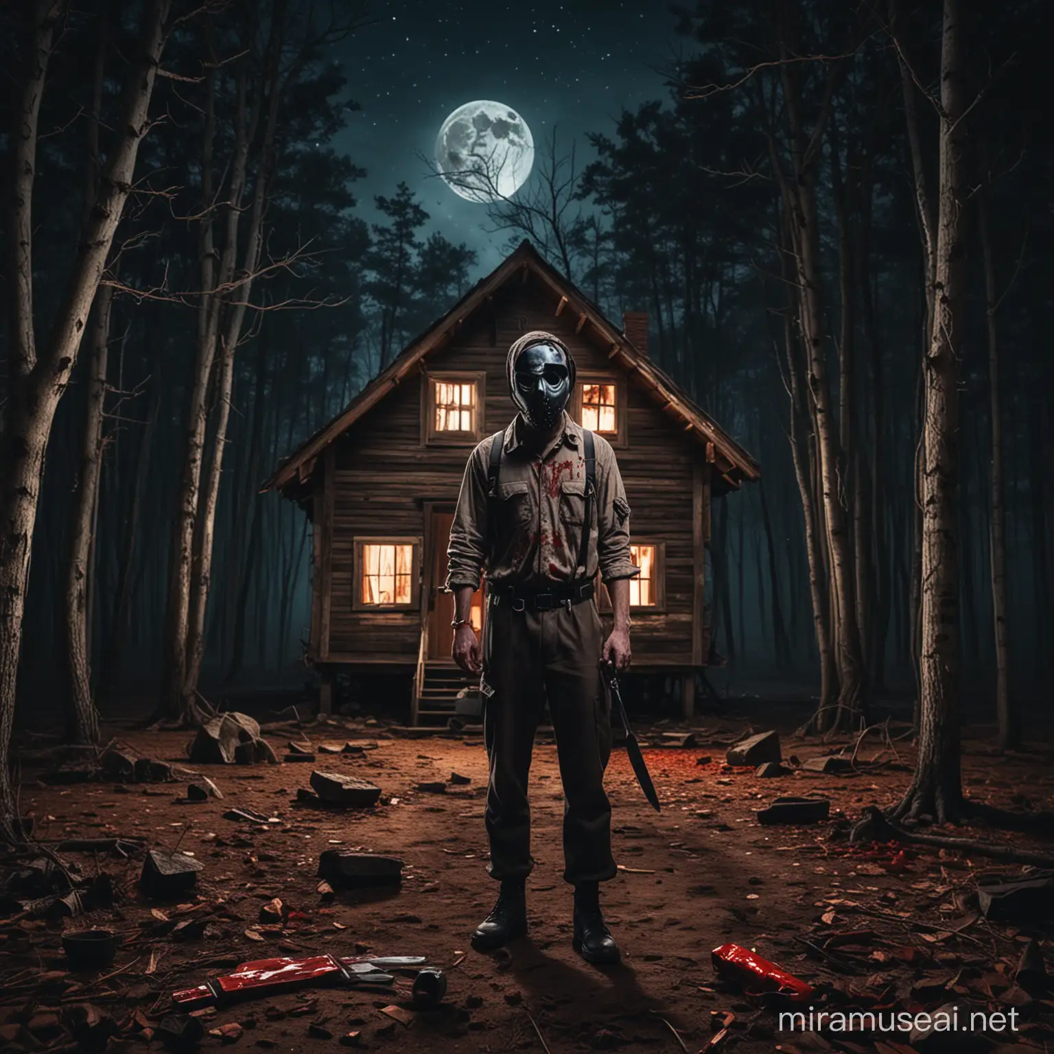 night the moon forest, wooden house, crime scene, serial killer with blood mask and knife in hand

