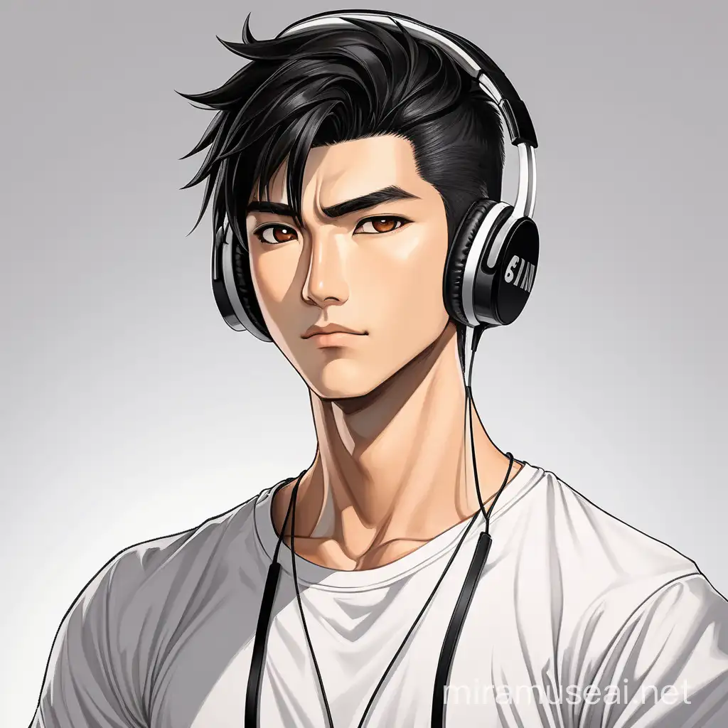 Confident Male Character Portrait with Sharp Black Hair and Honey Brown Eyes, good jawline, very lean and strong, with a white T-shirt and headphones hanging on his neck, make him Asian, and make it more of a manga picture