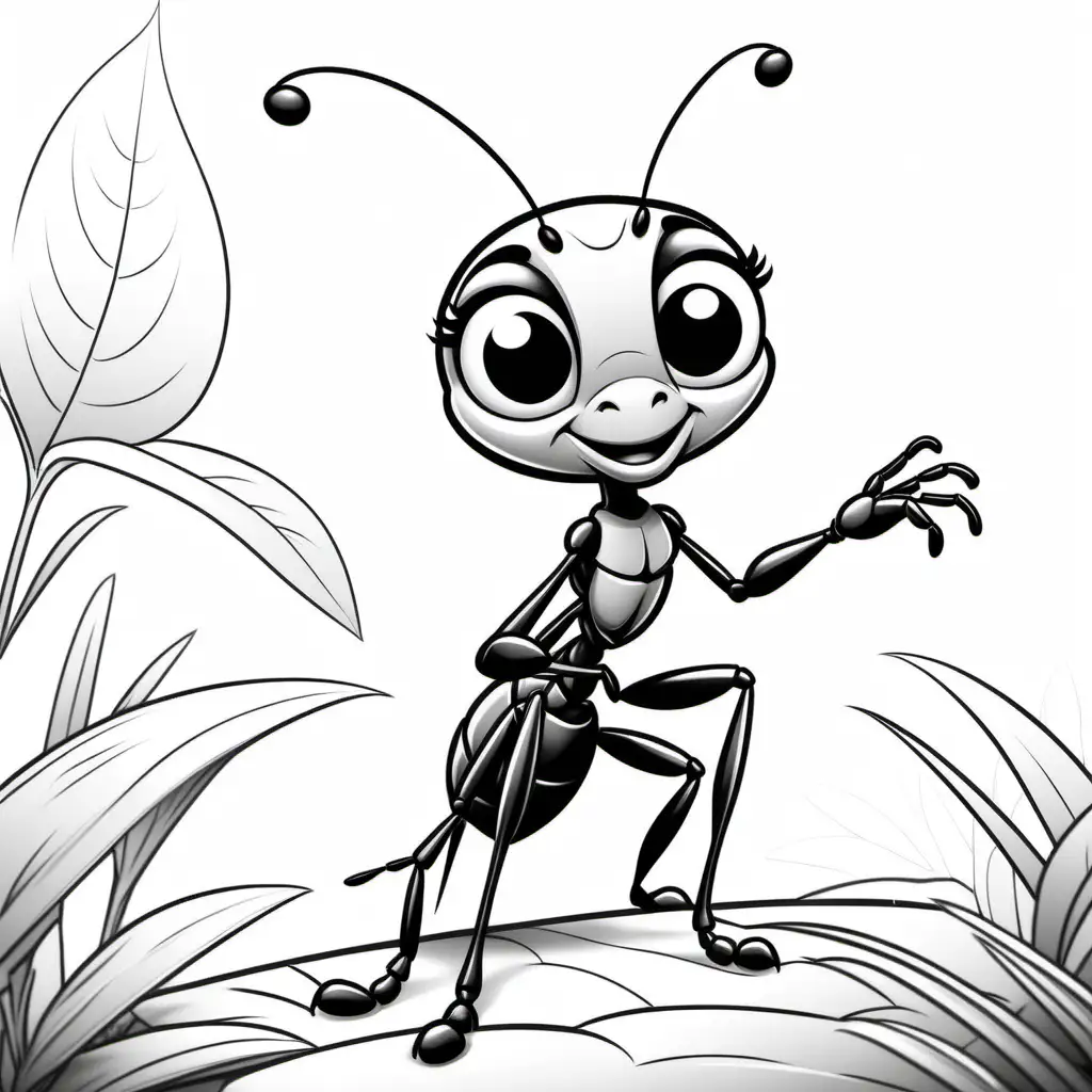 black and white, coloring book page, no background, no dither  friendly ant, Disney style