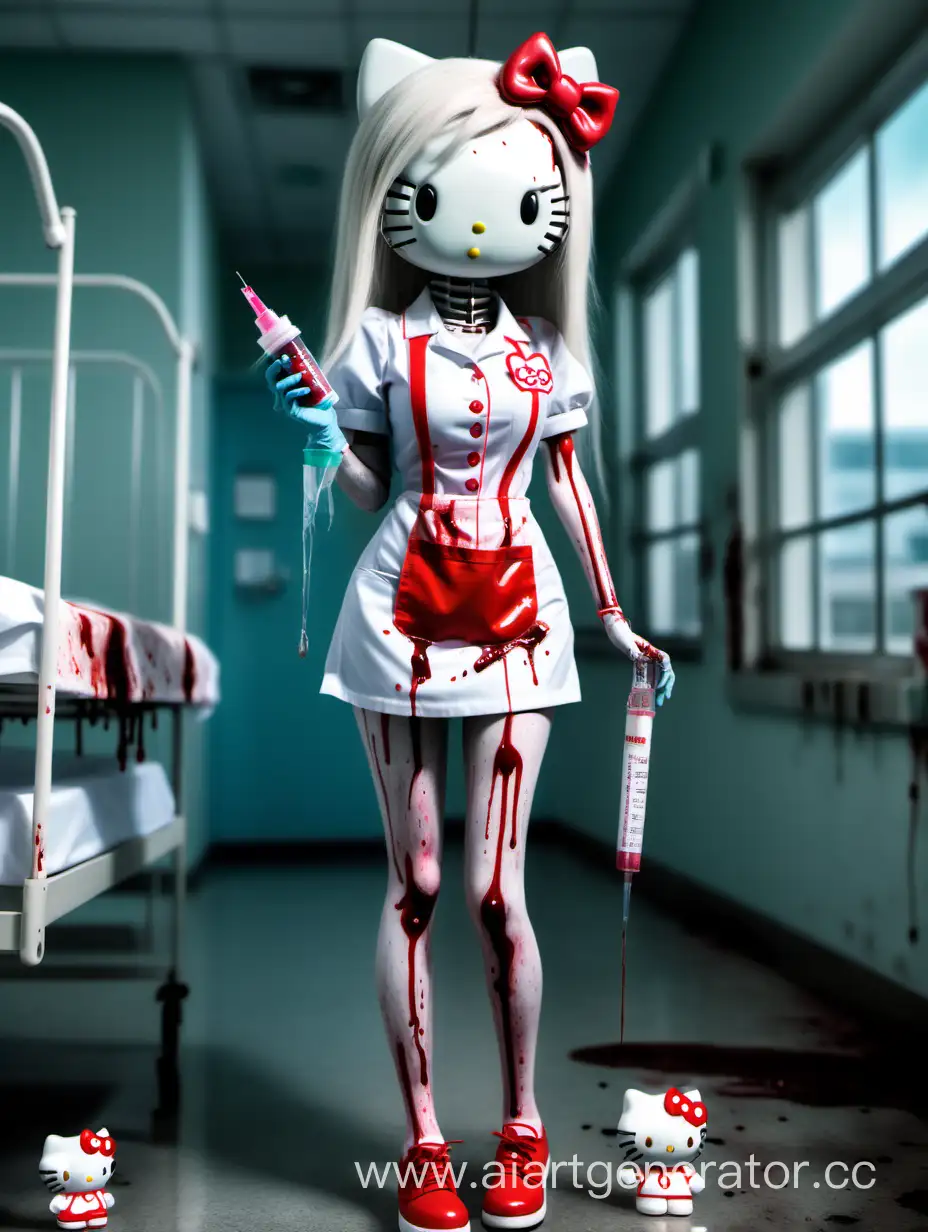 tall thin humanoid Hello Kitty with long legs, hair and eyelashes in detailed nurse outfit, holds syringe in hand, bloody hospital in the background 