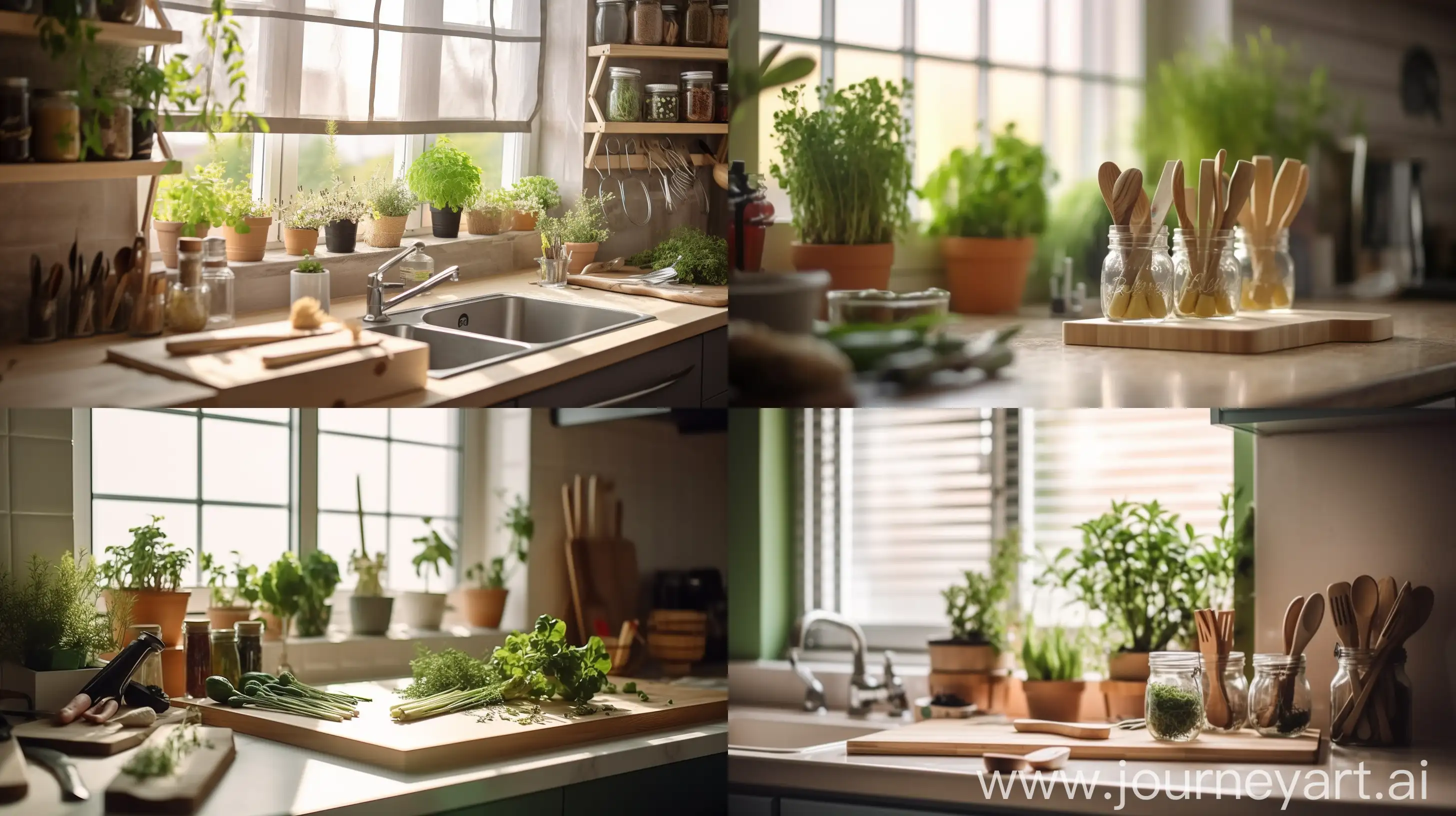 /imagine prompt: An eco-friendly kitchen with reusable bamboo utensils, stainless steel containers, and a vibrant herb garden on the windowsill; soft natural light illuminates the sustainable choices, emphasizing the beauty of conscious living, Photography, DSLR camera with a 50mm lens, --ar 16:9 --v 5