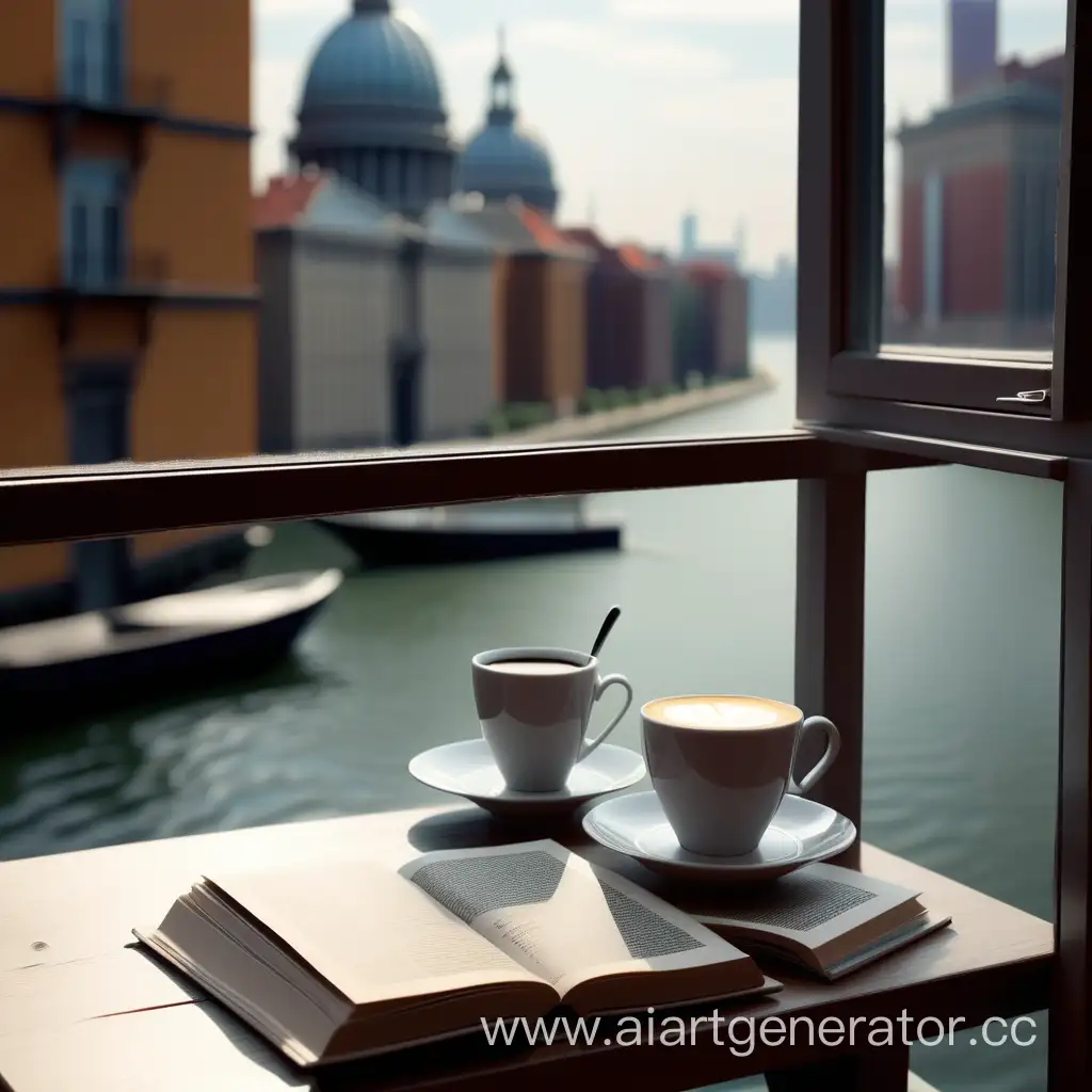 Чашка кофе и книга на столе за окном красивый город на воде