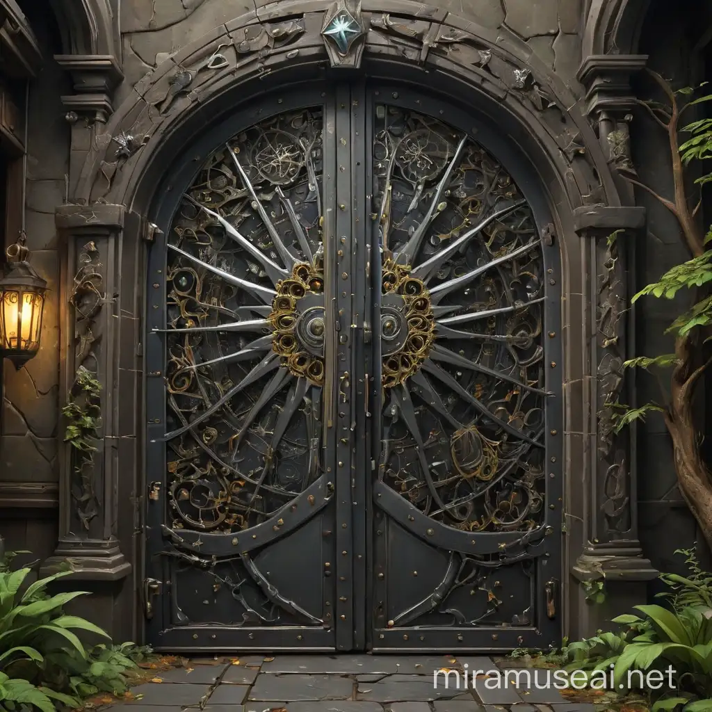 Intricate Steel Door Puzzle with Falling Star and War Crystals