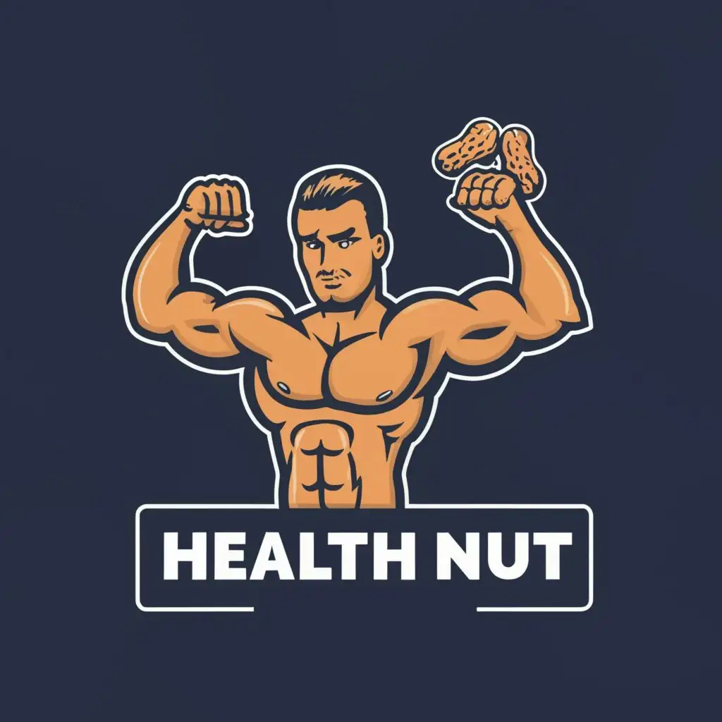 logo, Strong man flexing his bicep and a peanut, with the text "Health Nut", typography, be used in Sports Fitness industry