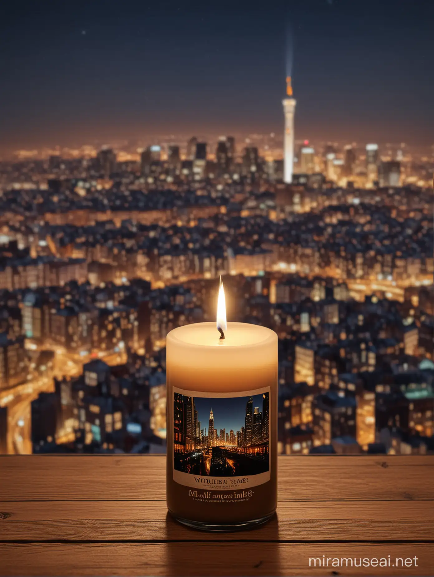 деревянный стол на мем стоит свеча, а на фоне размытый ночной город