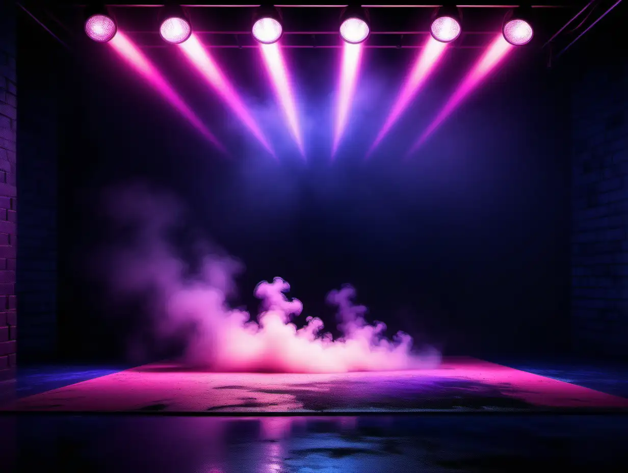Vibrant Neon Stage with Smoke and Spotlights