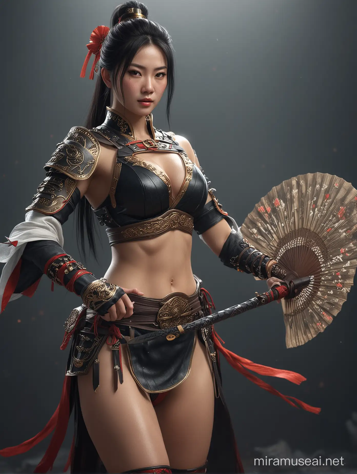 sexy chinese warrior outfit, using fan weapon, 3/4 view body, realistic, cinematic, hdr, 4k