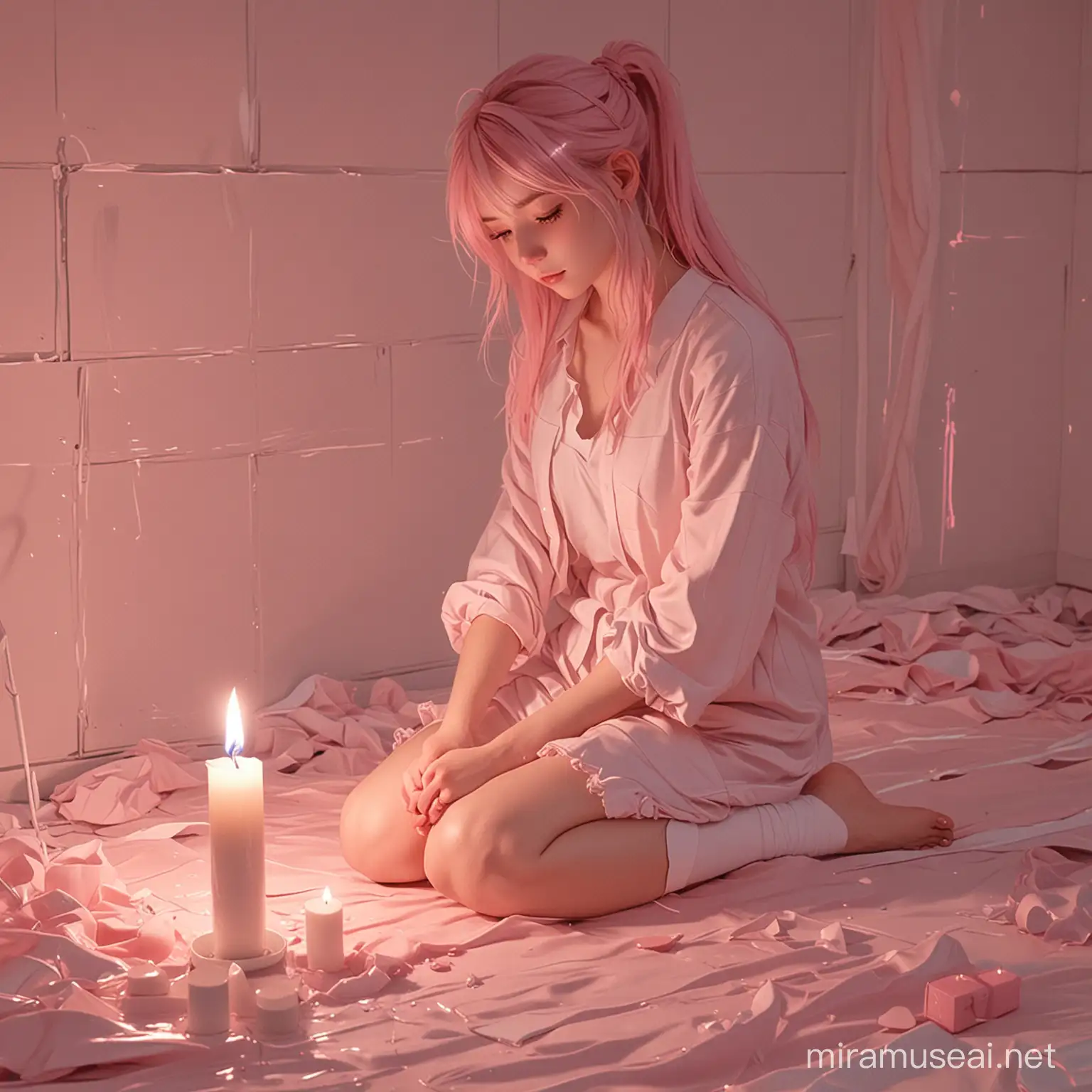 Candlelight anime, with white lines, in the style of white and pink, quiet moments captured in paint, unconventional poses, trashcore, pseudo-realistic 