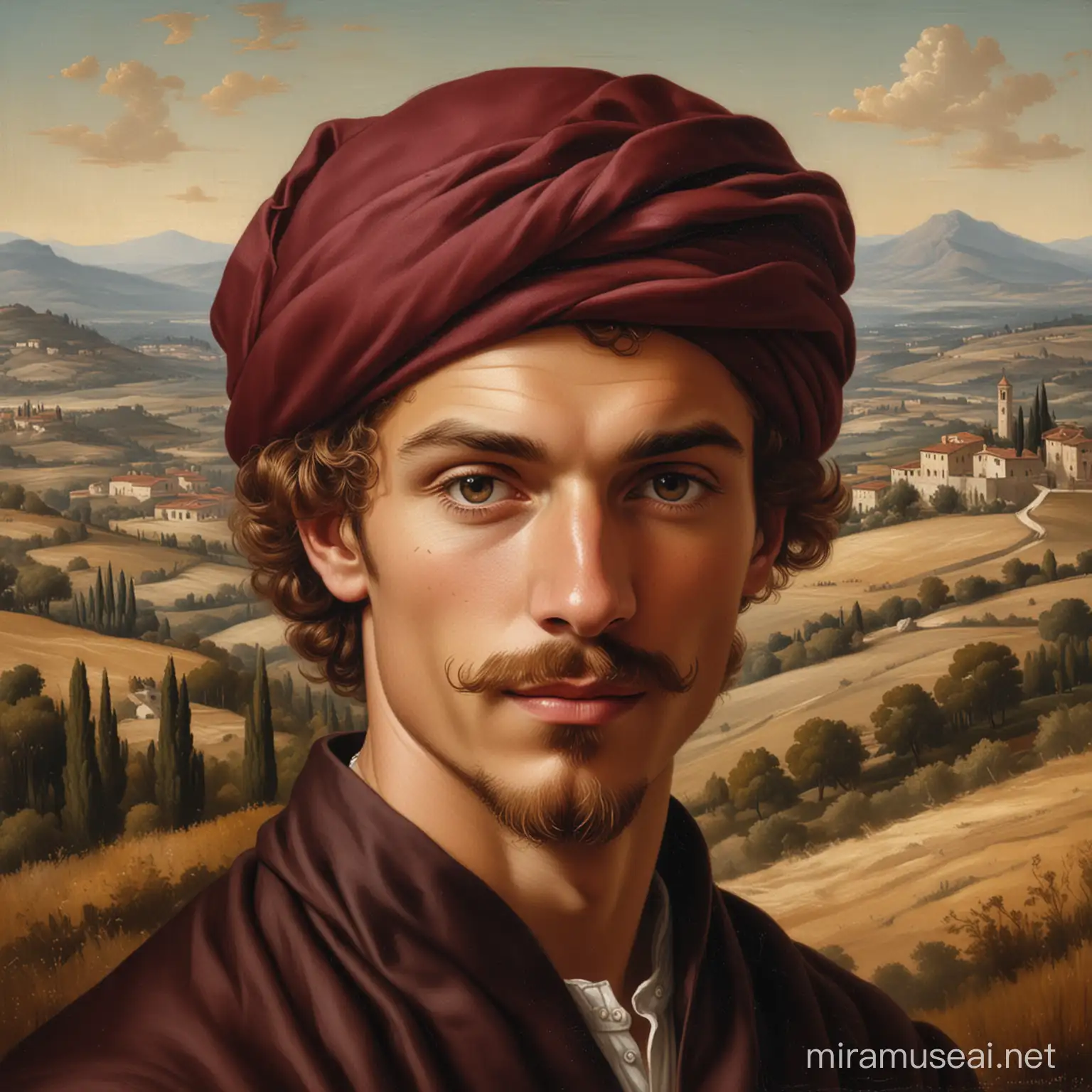 portrait of a young man with light brown curly hair and short blond beard and moustache wearing on his head a dark burgundy turban in front of a toscan landscape painted in oil in the manner of Leonardo da vinci