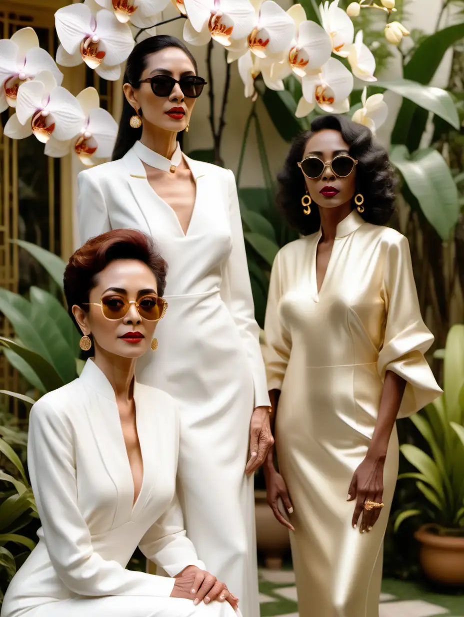 a tall senior middle eastern woman model, a tall senior chinese woman model, and a tall senior black woman model, standing, wide half-body portrait, wearing classy white dresses with oversized sunglasses and gold orchid earrings, luxury garden estate with white orchids background, wes anderson color palette, cinematic, soft light, photorealistic
