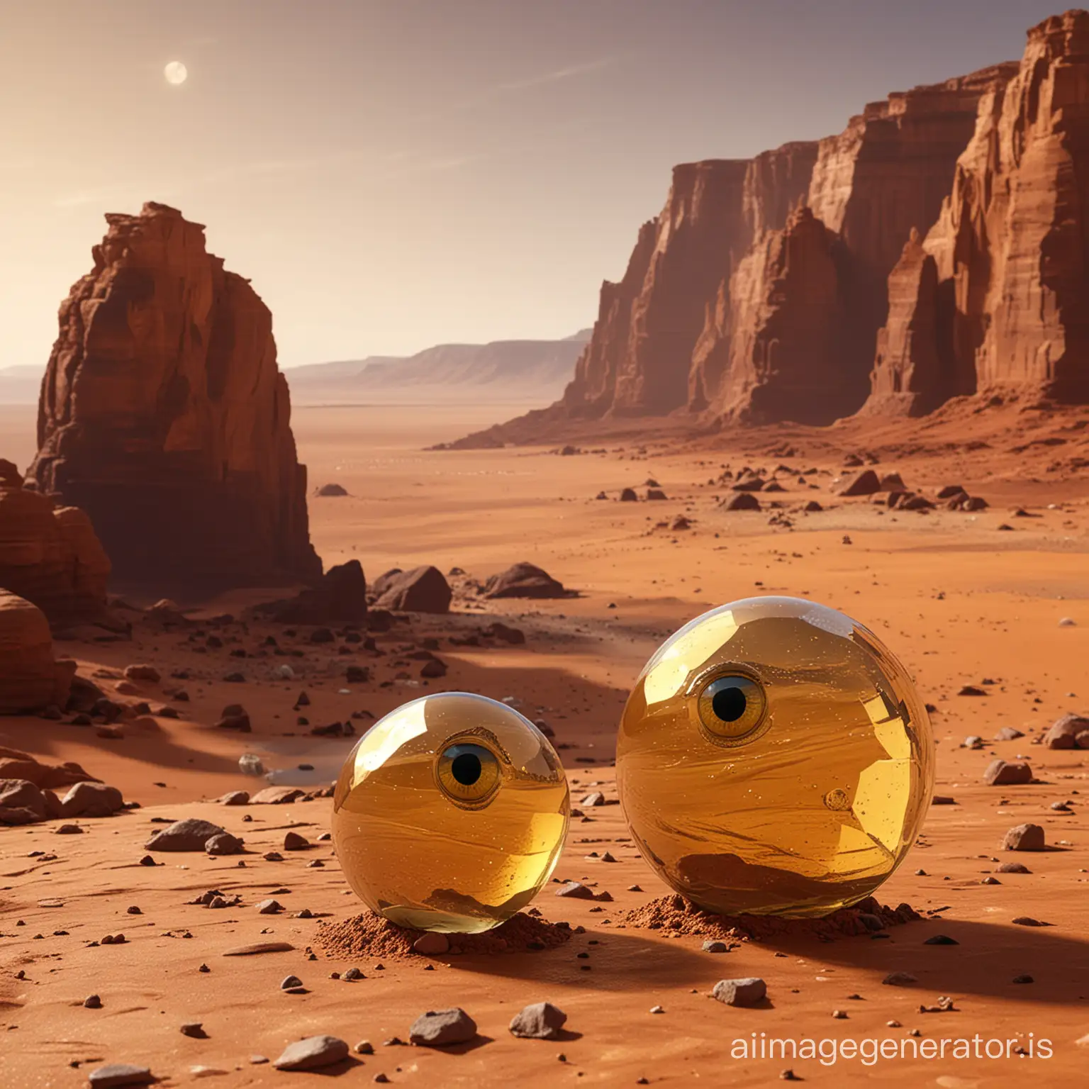 generate a house of crystal pillars on the planet Mars by the edge of an empty sea which is in the back ground. In a close-up, generate two little martian not happy with brownish skin with yellow coin eyes