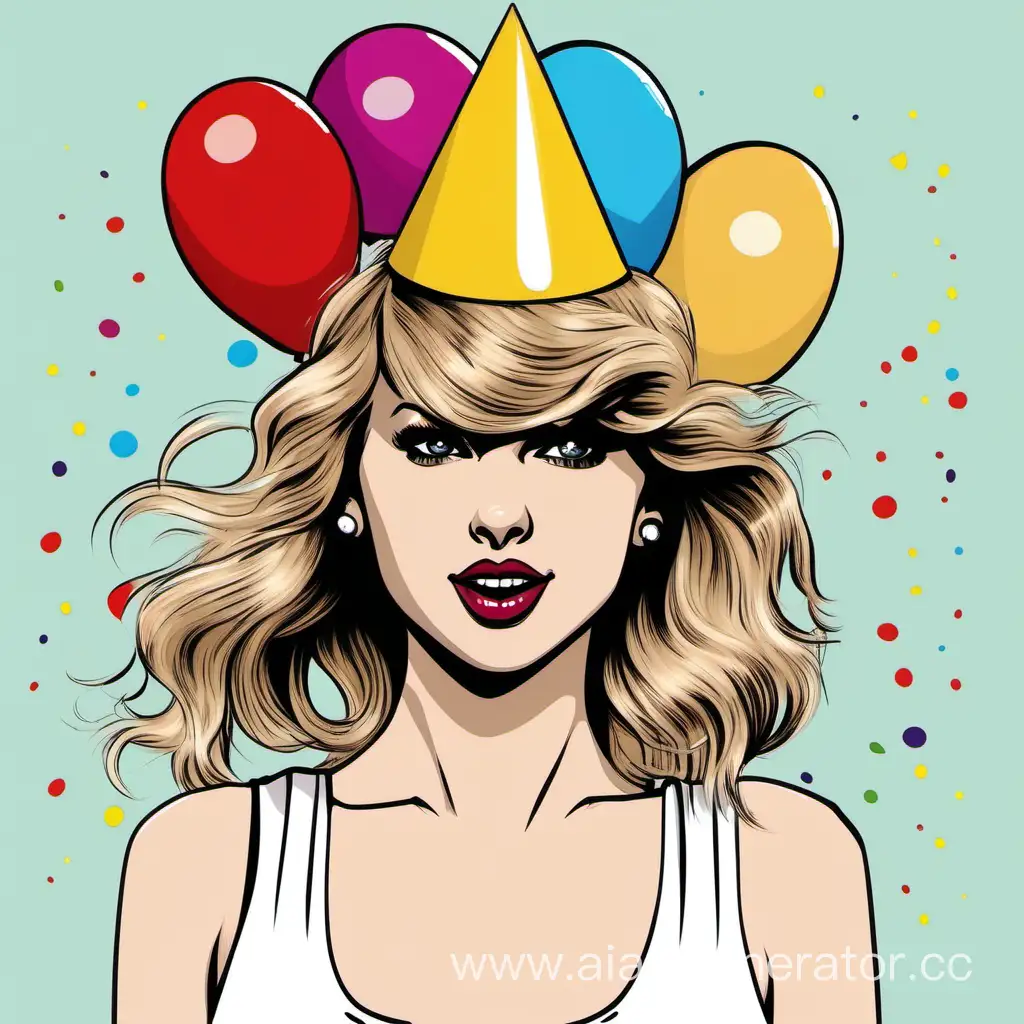 TAYLOR SWIFT CARTOON WITH PARTY HAT AND BALLOONS