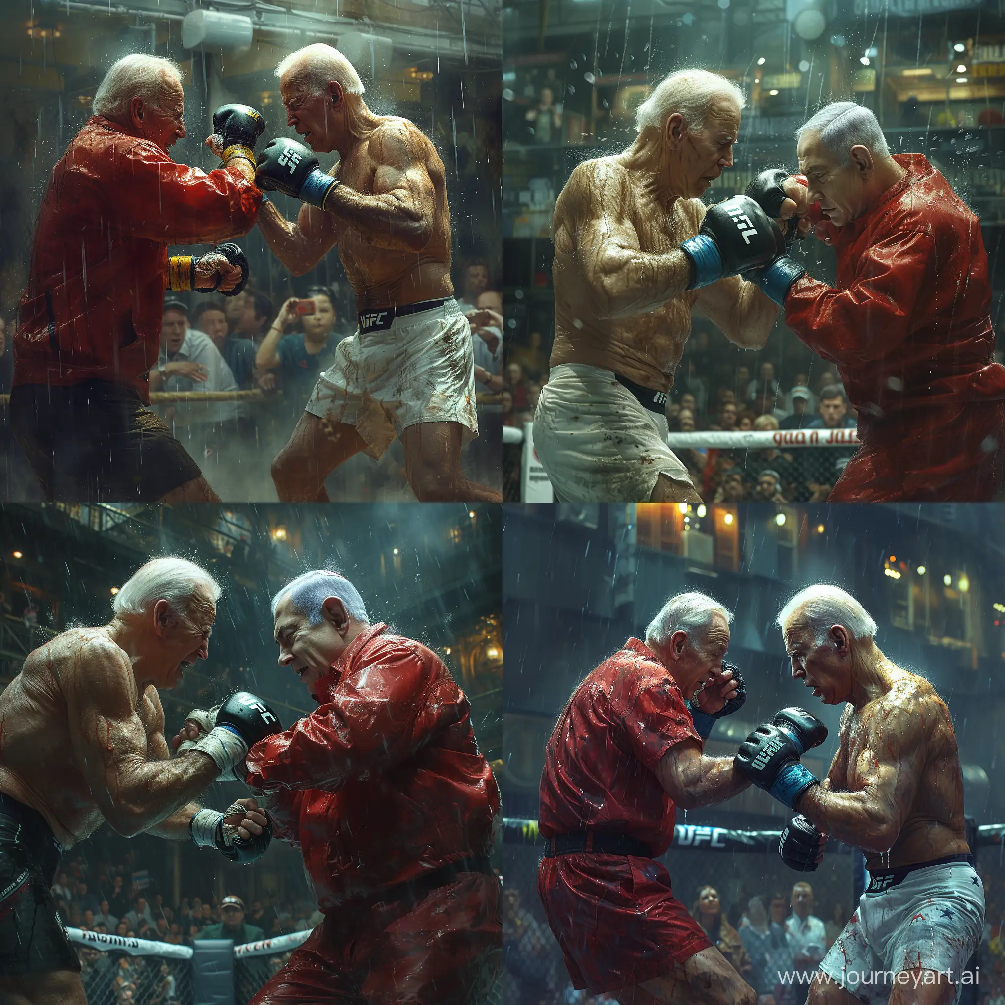 A realistic picture of joe biden and benjamin netanyahu playing mma in the rain, in front of an s udience watching the match, with blur in the background, accuracy, focus, and very fine details on fabrics, skin, and skin --stylize 750 --v 6