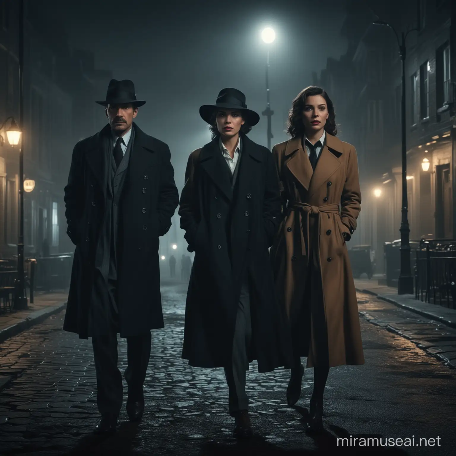 two old-fashioned detectives, one man and one woman at night, but with no weapons