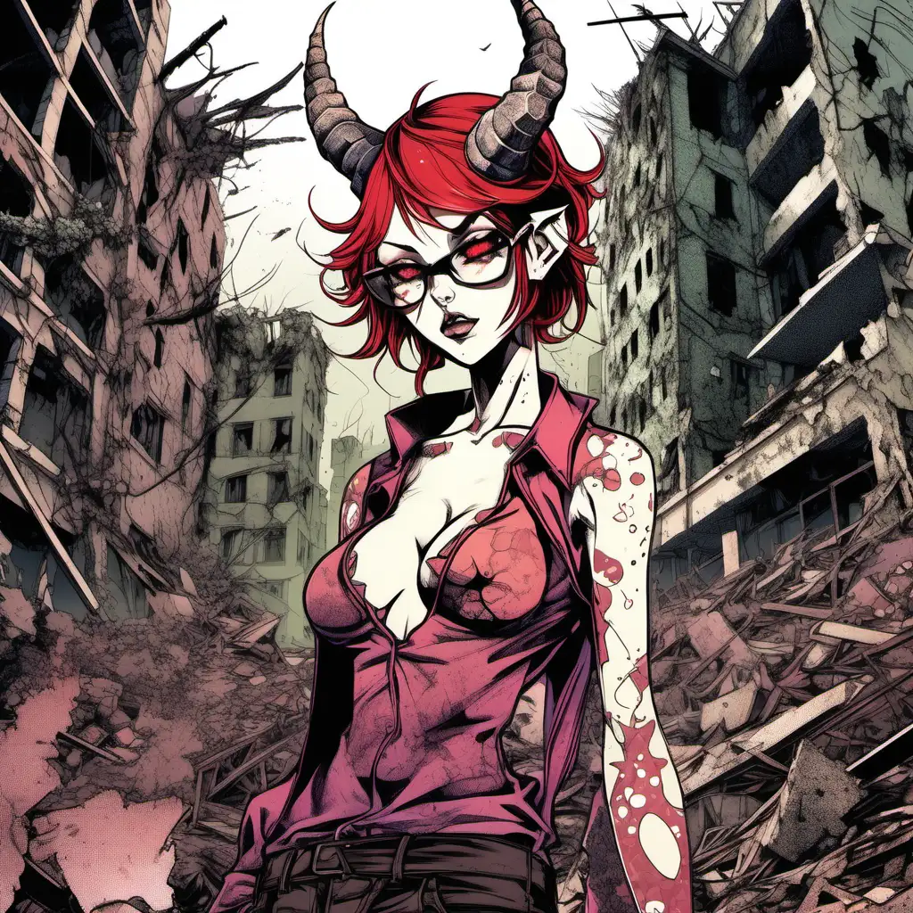 A full body portrait, manga-style illustration capturing a beautiful and seductive succubus with freckles, glasses and horns :: The artwork features a ruined world filled with destroyed buildings covered in overgrowth, colored cell shading with strong contrasts emphasizing the character's unique traits. --stylize 800 -- chaos 100