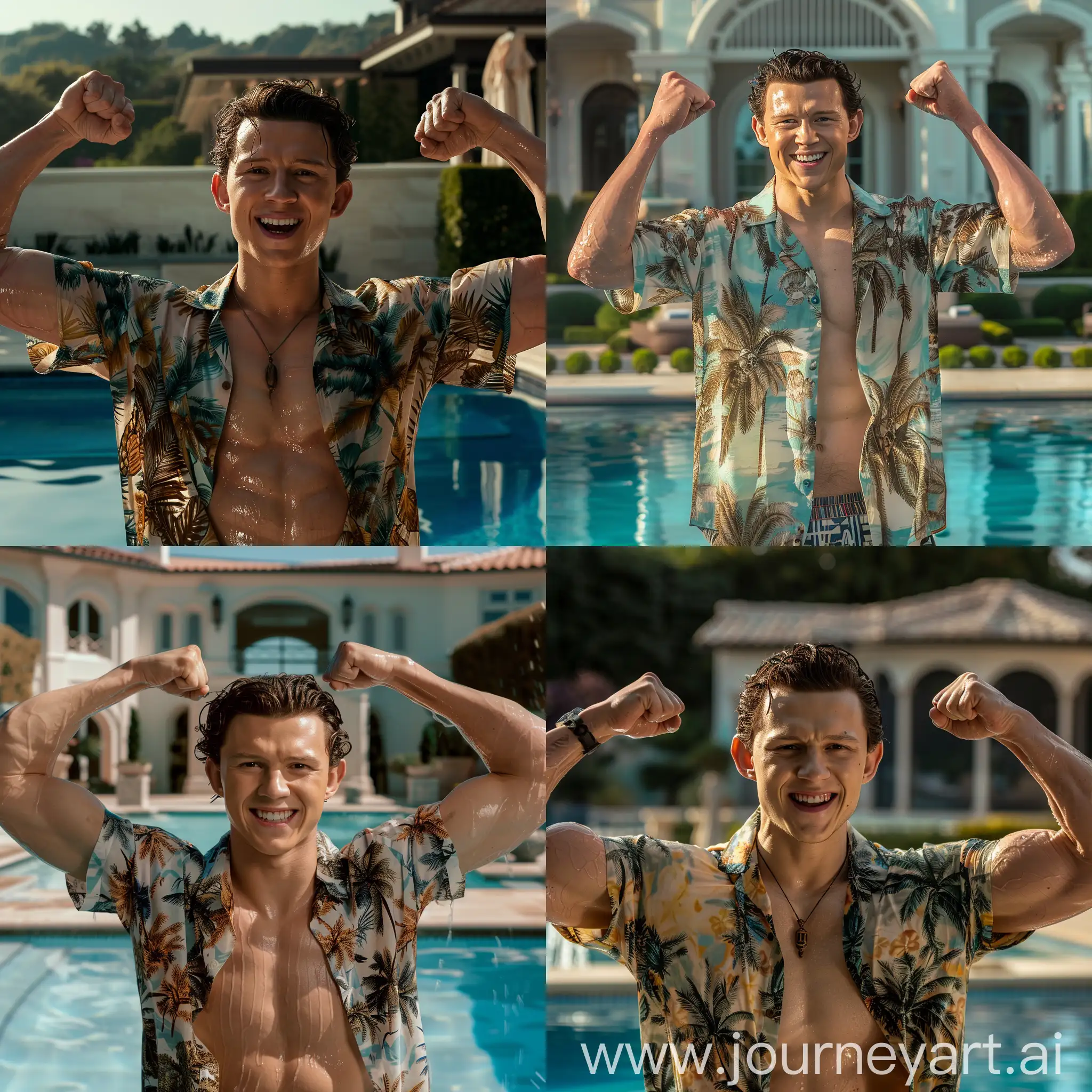 Movie lighting, actor Tom Holland's handsome face, a handsome and fit man wearing an open Hawaiian shirt, clean and smooth skin, fit male torso and abdomen, flexing both arms, fit biceps, handsome Tom Holland smiling, beautiful daytime lighting, sweaty and shiny skin, wet and sweaty hair, low angle, swimming pool with blurred background, huge background of a chic mansion