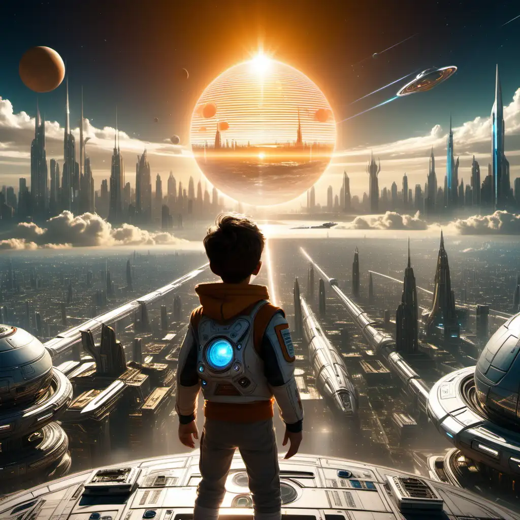 Boy-Gazes-at-Enormous-Sun-of-the-New-World-Amid-Futuristic-Cityscape