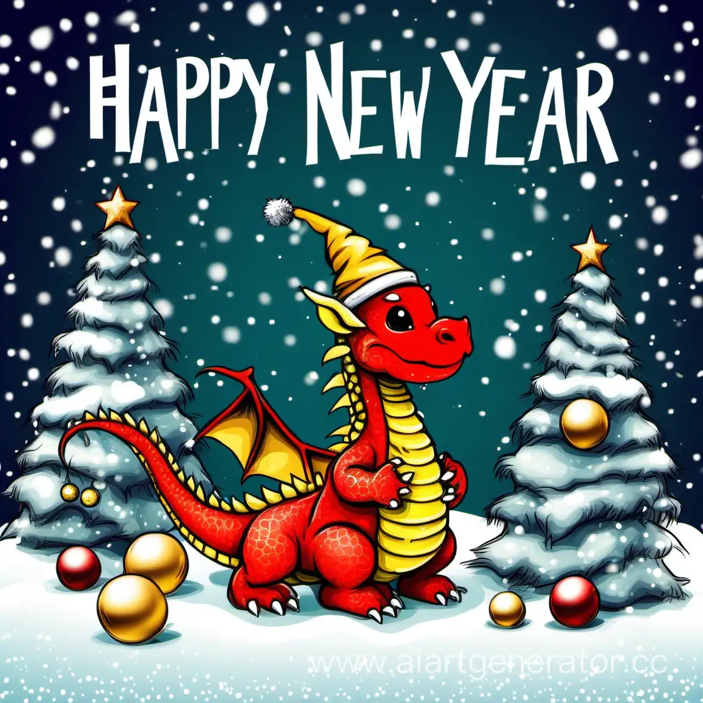 Joyful-Little-Dragon-Celebrating-New-Year-with-a-Festive-Hat-and-Snowy-Christmas-Tree