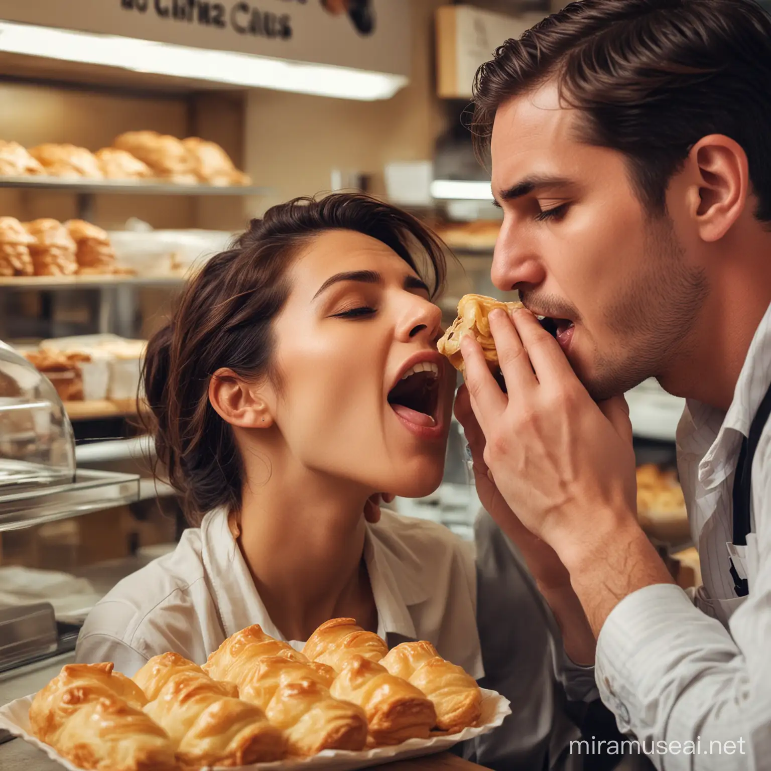 Aggressive Cafe Worker ForceFeeding Pastry to Customer