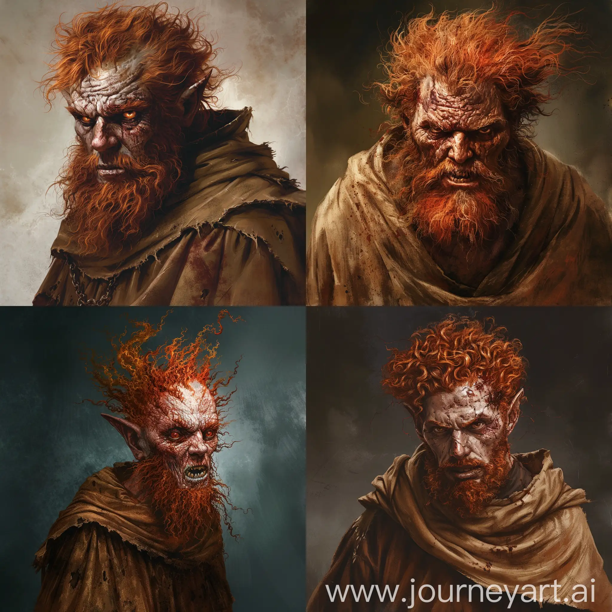 In the desolate expanse of forgotten realms, there dwells Azazel, a fallen Grigori angel, now an aged figure shrouded in madness and despair. His once-fiery red hair now matted and unkempt, cascading like flames down his weathered face, while a tangled beard of the same hue frames his twisted visage in a crimson embrace.

Clad in a tattered brown cloak that hangs loosely upon his emaciated frame, Azazel appears as a spectral wanderer lost in the depths of his own madness. His eyes, once ablaze with celestial light, now burn with a feverish intensity, reflecting the torment of his eternal damnation.

With every ragged breath, he emits a guttural growl, a sound that echoes the depths of his fractured mind. His features, though human, are contorted into a grimace of madness, his mouth twisted into a snarl that reveals jagged teeth stained with the remnants of countless sins.

As he roams the barren wastelands of his exile, Azazel leaves a trail of chaos and despair in his wake, his presence a harbinger of doom for any who dare to cross his path. Yet, amidst the madness that consumes him, there lingers a faint echo of the angel he once was—a tragic reminder of the fallibility of even the most celestial beings.