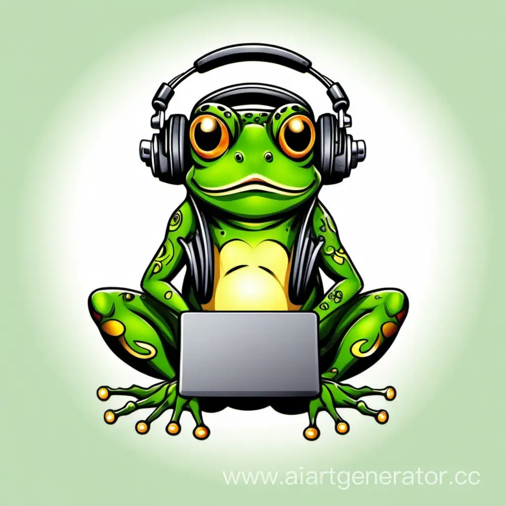 Zen-Frog-Cartoon-Tattoo-Template-with-Headphones-and-Laptop