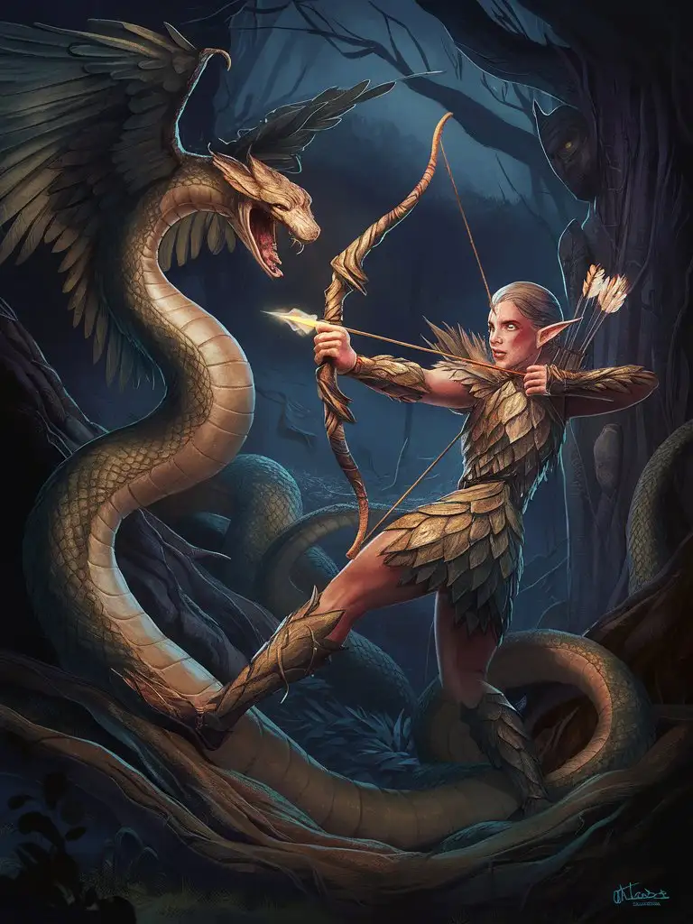 Elven-Warrior-Confronts-Winged-Serpent-in-Dark-Forest-Battle