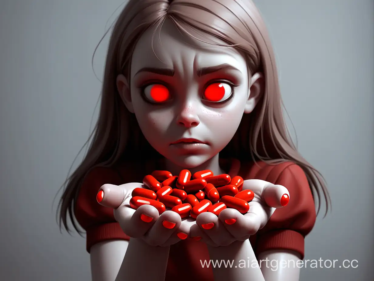 девочка держит в руках красные пилюли