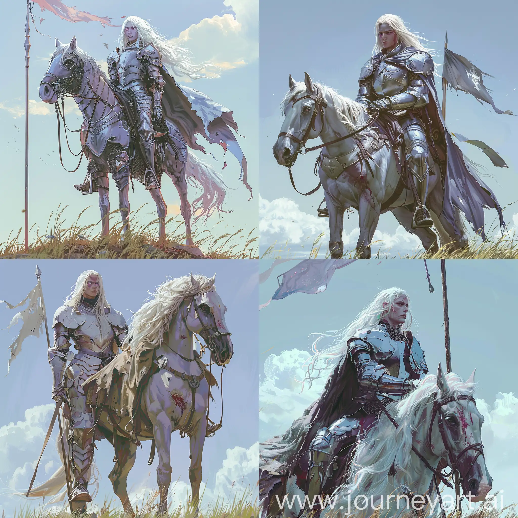 1boy, armor, armored boots, pale blue sky, breastplate, white hair, cape, day, flag, gauntlets, grass, greaves, horse, horseback riding, knight, long hair, outdoors, plate armor, reins, riding, saddle, sky, solo, weapon, silver metal, pale violet eyes, scar on the face, androgyny