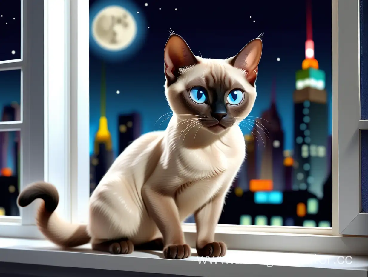 Сиамский кот,  с большими голубыми глазами, идет по подоконнику, большое окно, 
на фоне ночного города