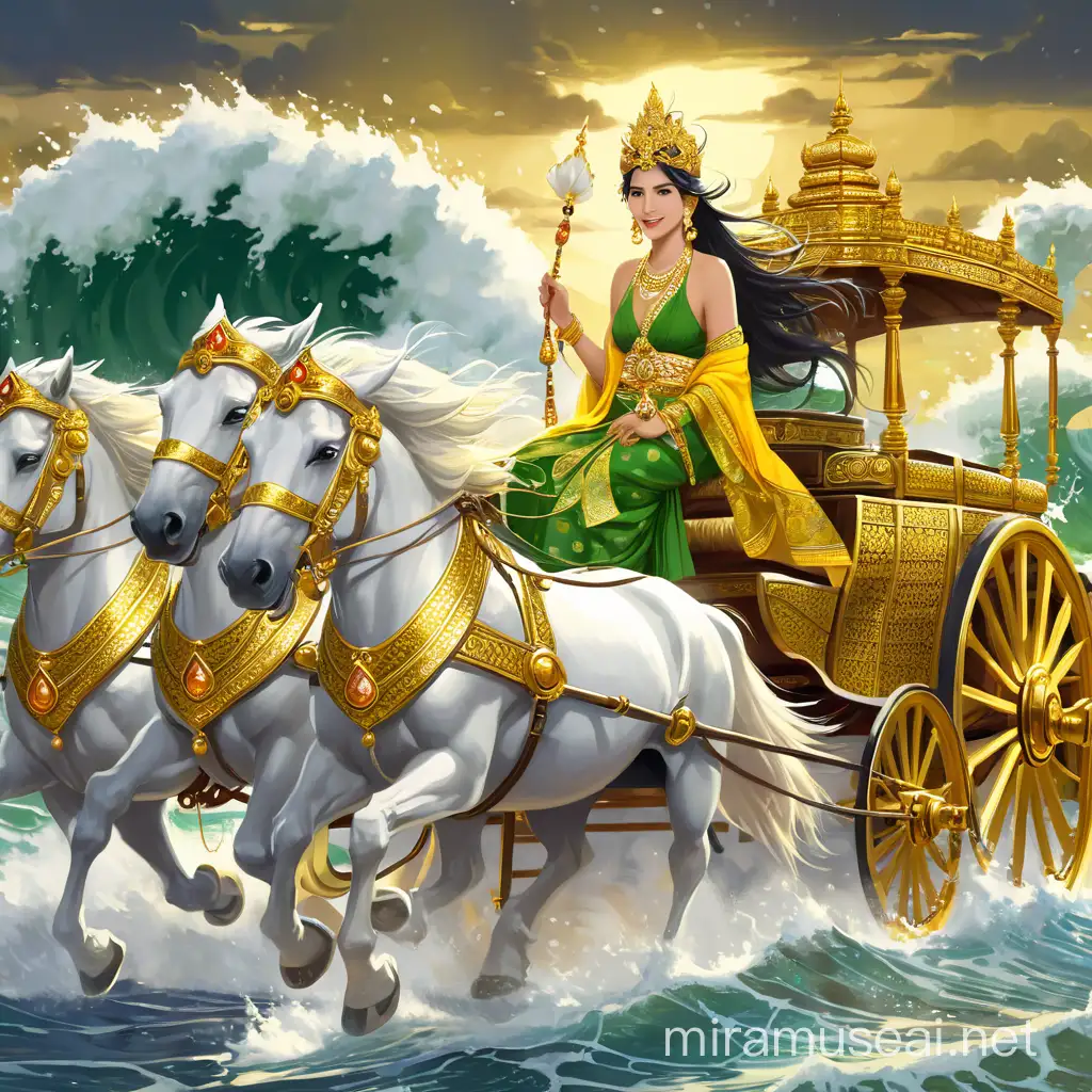 Elegant Javanese Queen in a Golden Carriage Amidst Stormy Seas