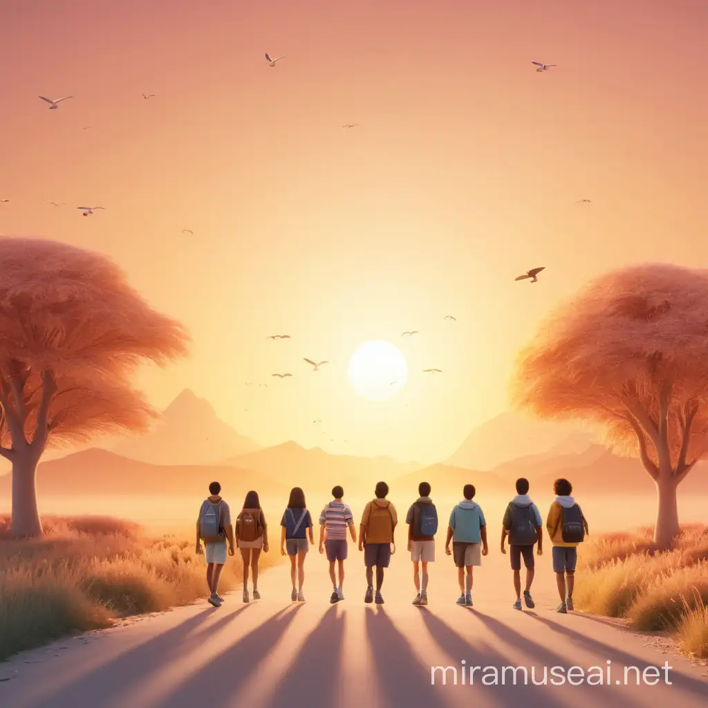 Create a 3D illustrator of an animated scene of a sunrise and a group of six people walking towards it with hope . Beautiful and serene background illustrations.