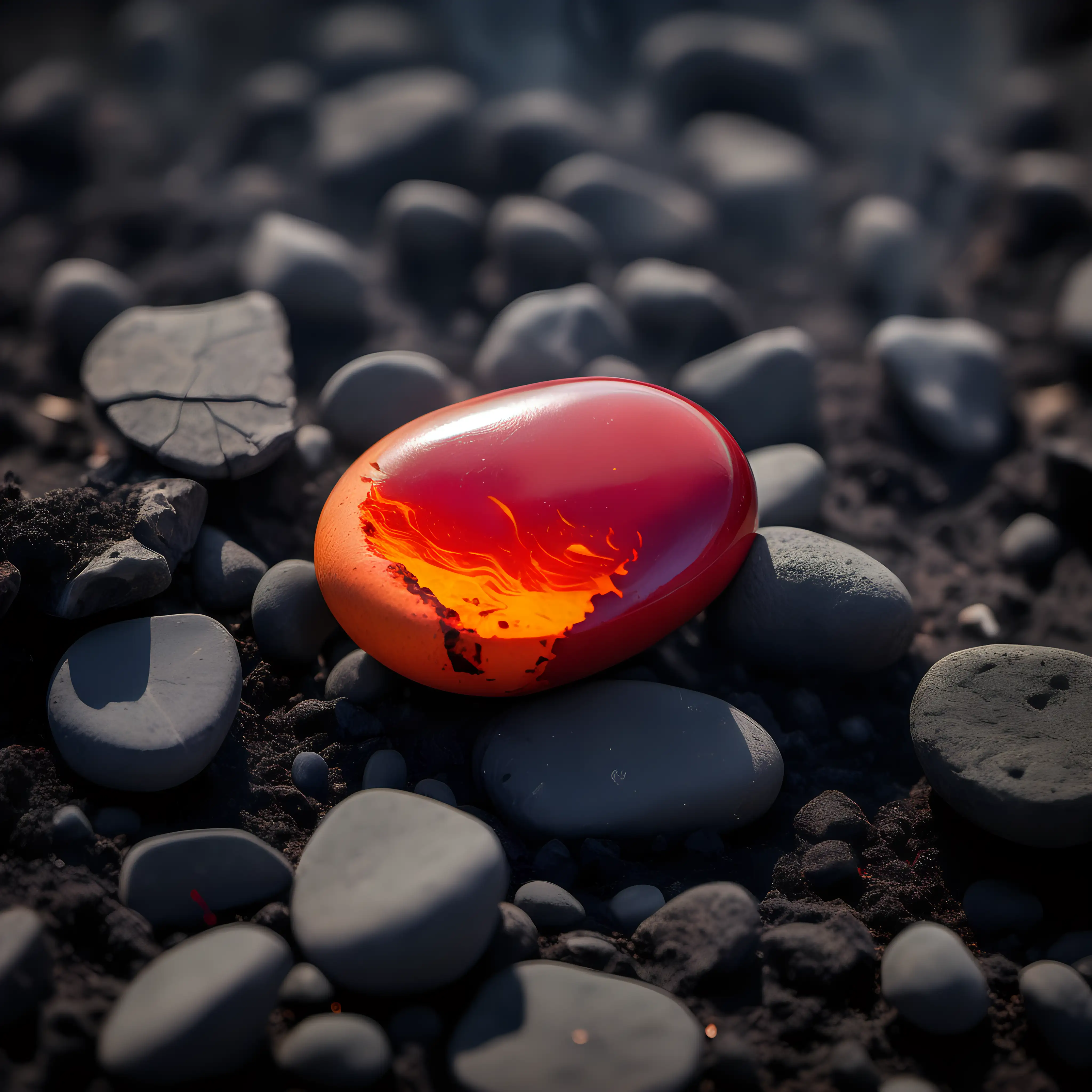 A crimson and orange pebble lying in a smoldering, fiery field