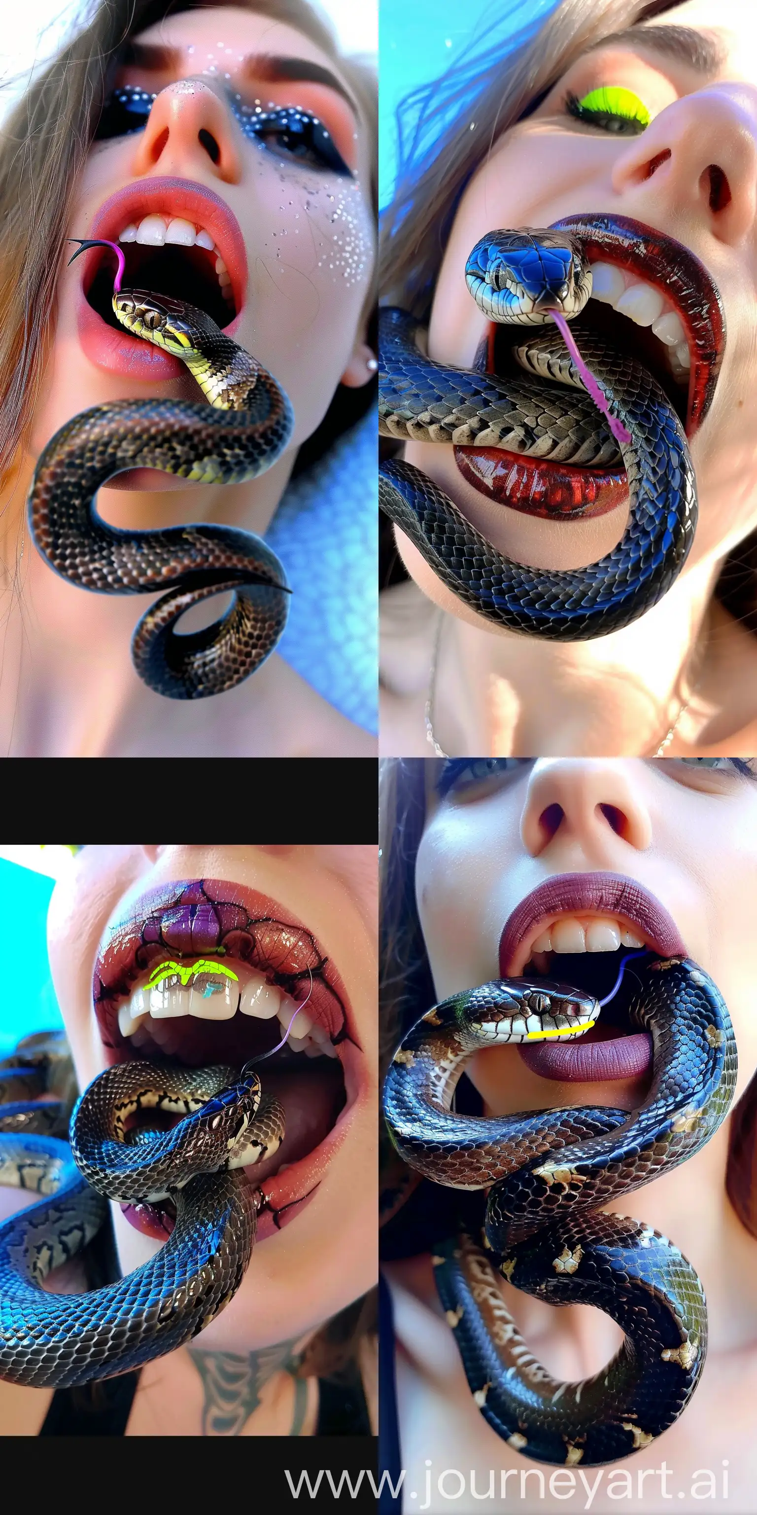A long shot portrait of a snake emerging from inside a woman's mouth, studio photo, white background, neon purple lipstick, white background --sref https://i.pinimg.com/originals/1c/46/8a/1c468ab47254128677bae852aed08dce.jpg --cref https://i.pinimg.com/originals/3b/49/6d/3b496d3ba1b7a6333bec7929fda8049f.jpg https://i.pinimg.com/originals/30/8d/77/308d77998eeb67b37975088b5ea771c9.jpg --v 6 --style raw --ar 7:14