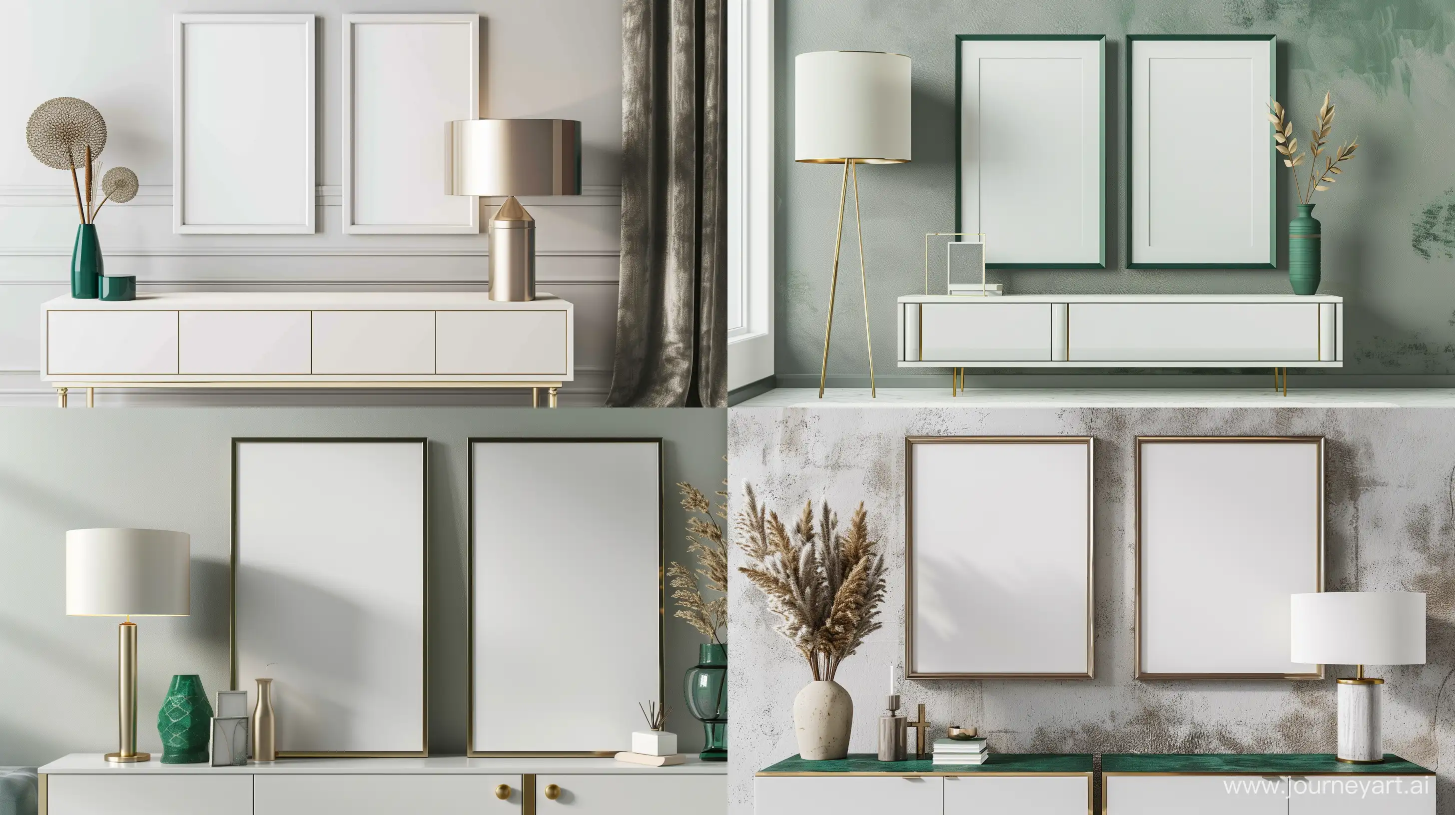 Picture perfect moments await with two blank picture frame mockups displayed in a sophisticated home interior. A minimalist commode with a sleek lamp stands against a backdrop of muted greys and soft whites, complemented by accents of muted gold and rich emerald --ar 16:9