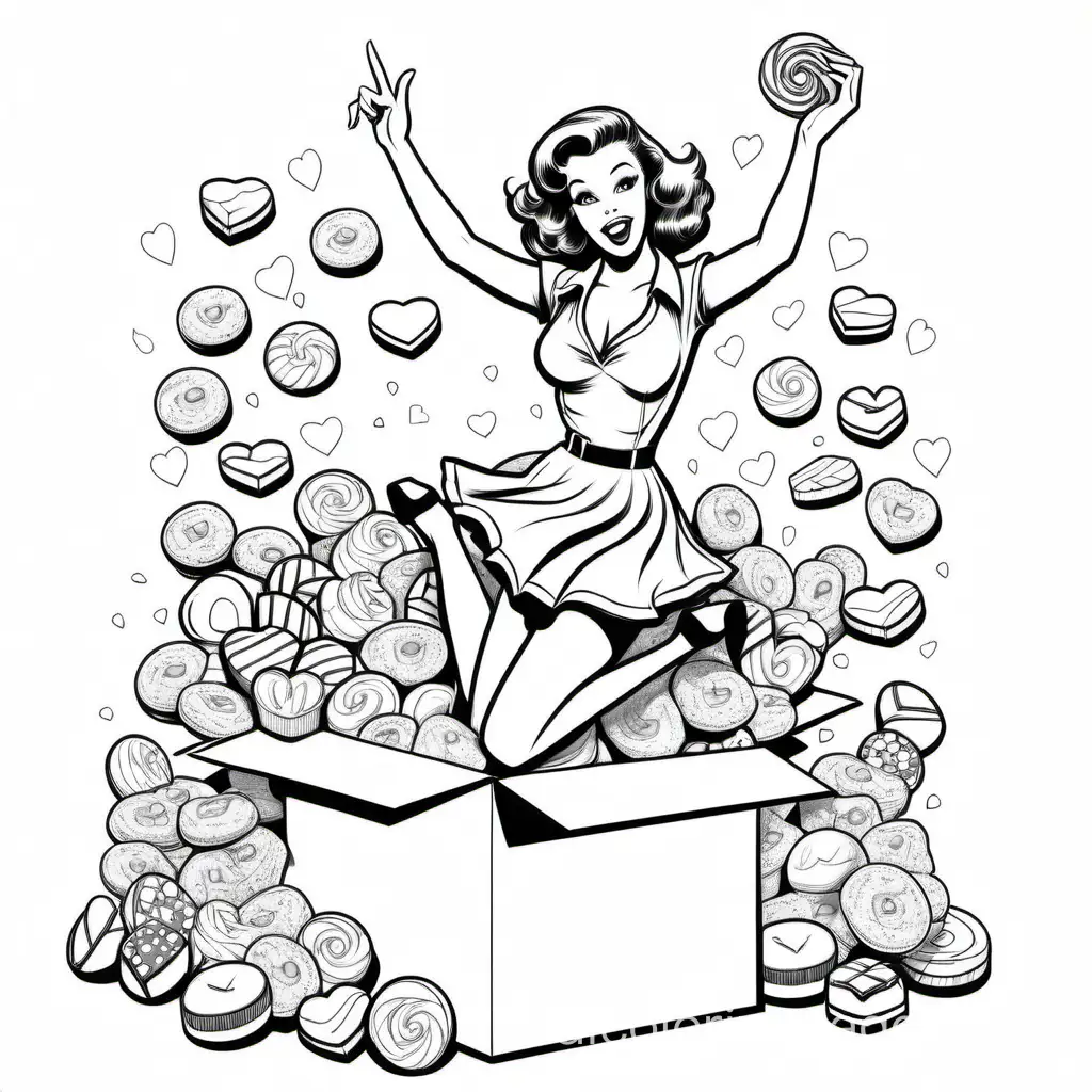 pinup lady jumping out of a box of candy and chocolates with a sign that reads “I’m your sweatheart", Coloring Page, black and white, line art, white background, Simplicity, Ample White Space. The background of the coloring page is plain white to make it easy for young children to color within the lines. The outlines of all the subjects are easy to distinguish, making it simple for kids to color without too much difficulty