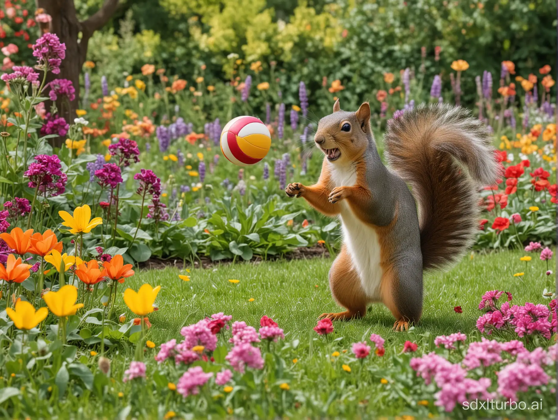 A happy squirrel plays volleyball in a garden with many colorful flowers.