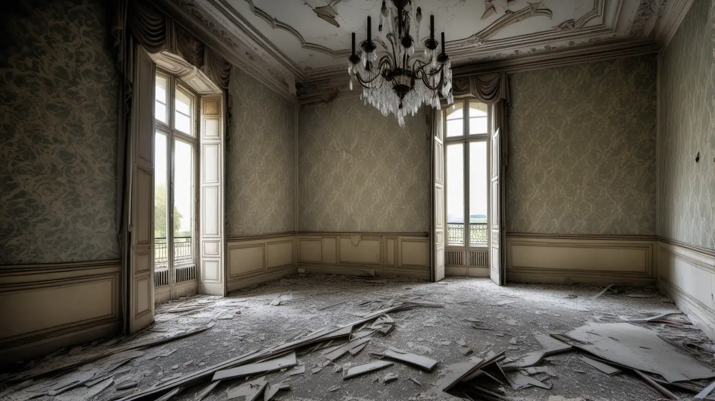 Desolate French Chateau Room with Torn Wallpaper