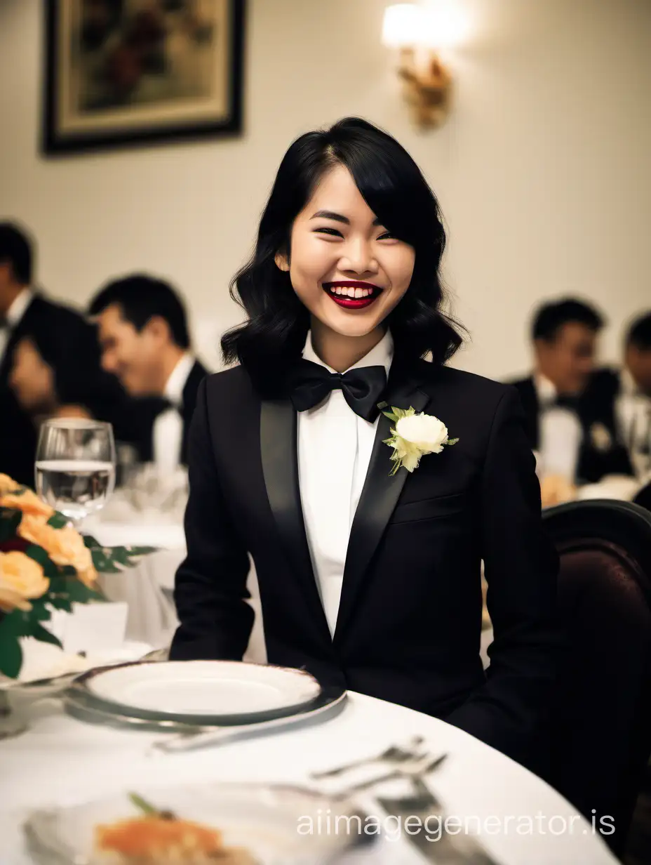 25 year old smiling and laughing Vietnamese woman with shoulder length black hair and lipstick wearing a formal tuxedo with a black bow tie. Her jacket has a corsage. She is at a dinner table.