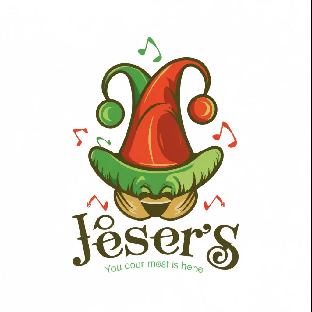 a logo design,with the text "Jester's ", main symbol:Jester's Hat with Musical Notes: A whimsical jester's hat adorned with musical notes, incorporating the colors green, red, and white., be used in Entertainment industry