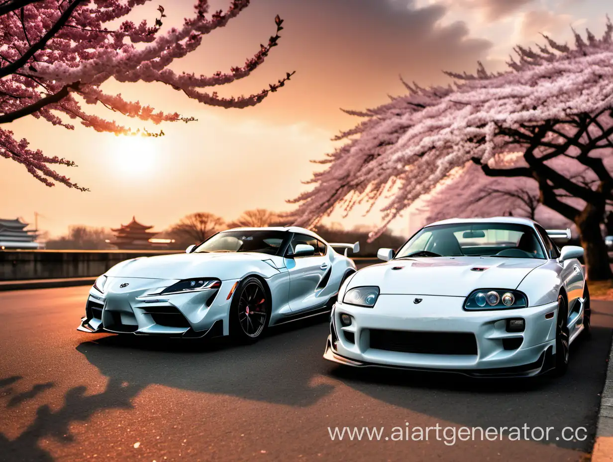 Supra-Cars-Beneath-Cherry-Blossoms-at-Sunset