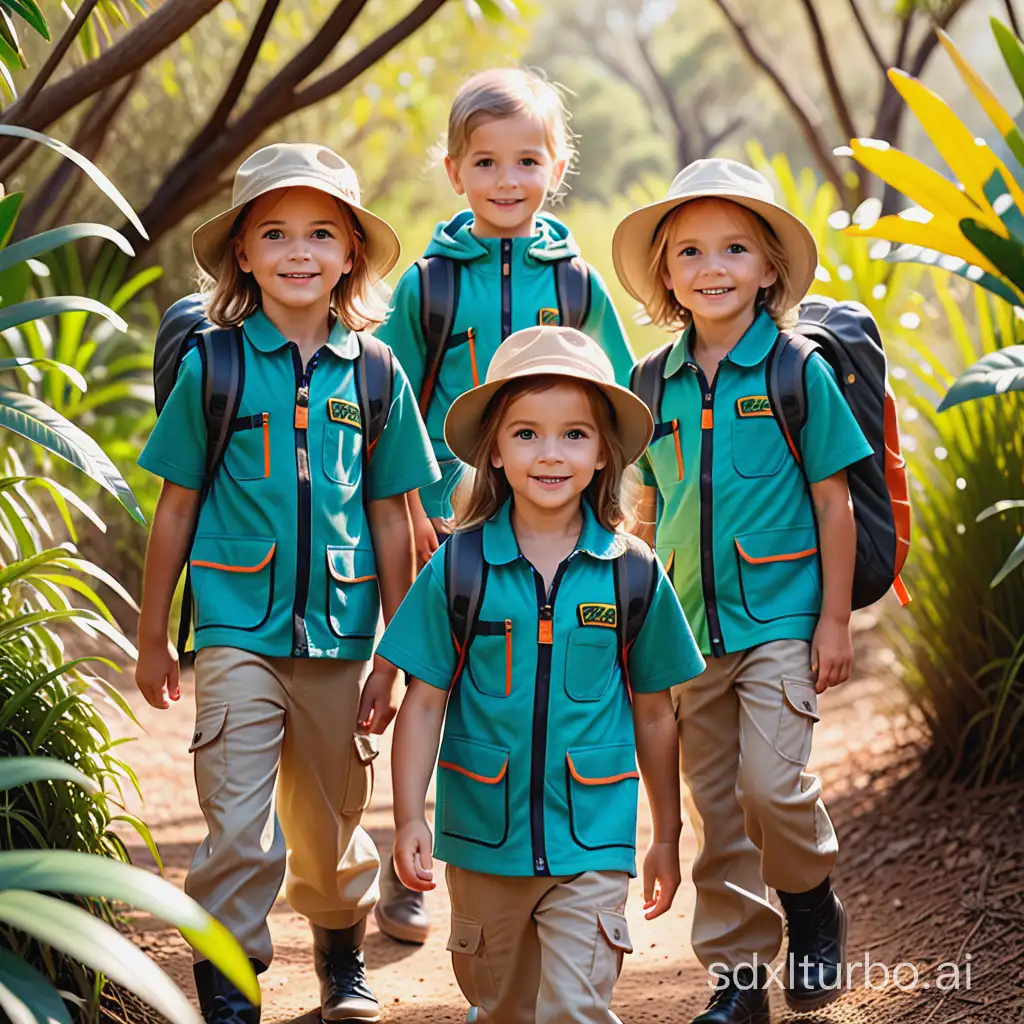 a group of kids the little  explorer with explorer clothing in bush, bright day light